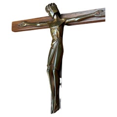 Small & Rare Art Deco Crucifix w. Stylized Bronze Sculpture of Christ, 1920