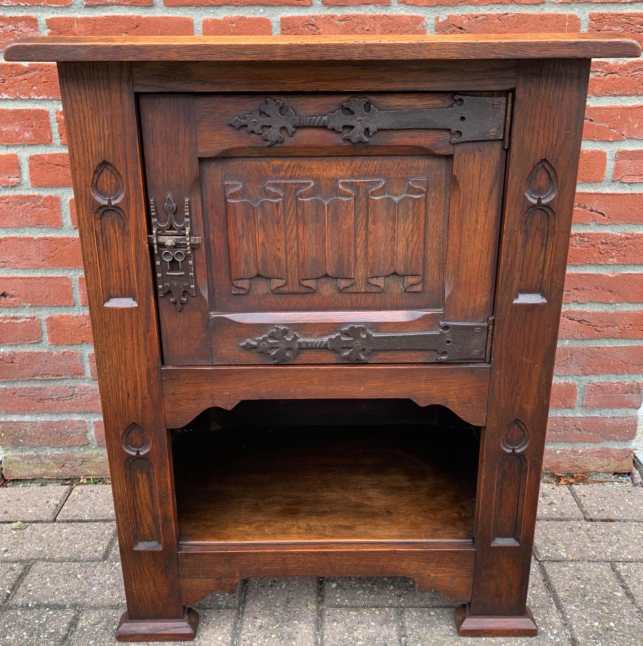 Dutch Small and Stunning Multi Purpose Gothic Revival Hand Carved Tiger Oak Cabinet