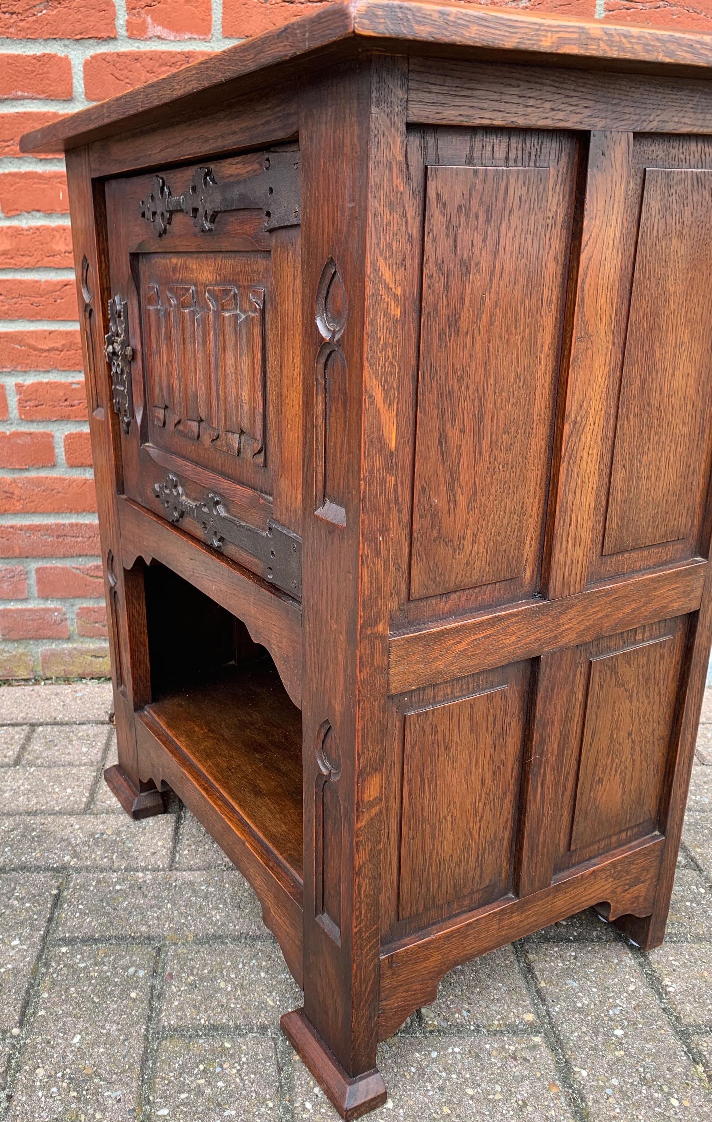 Forged Small and Stunning Multi Purpose Gothic Revival Hand Carved Tiger Oak Cabinet