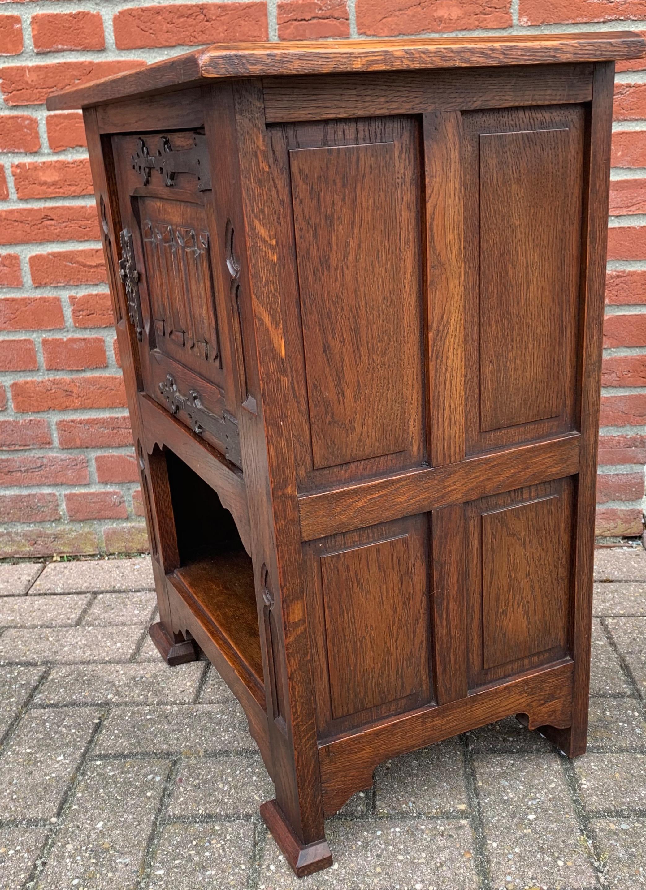 20th Century Small and Stunning Multi Purpose Gothic Revival Hand Carved Tiger Oak Cabinet