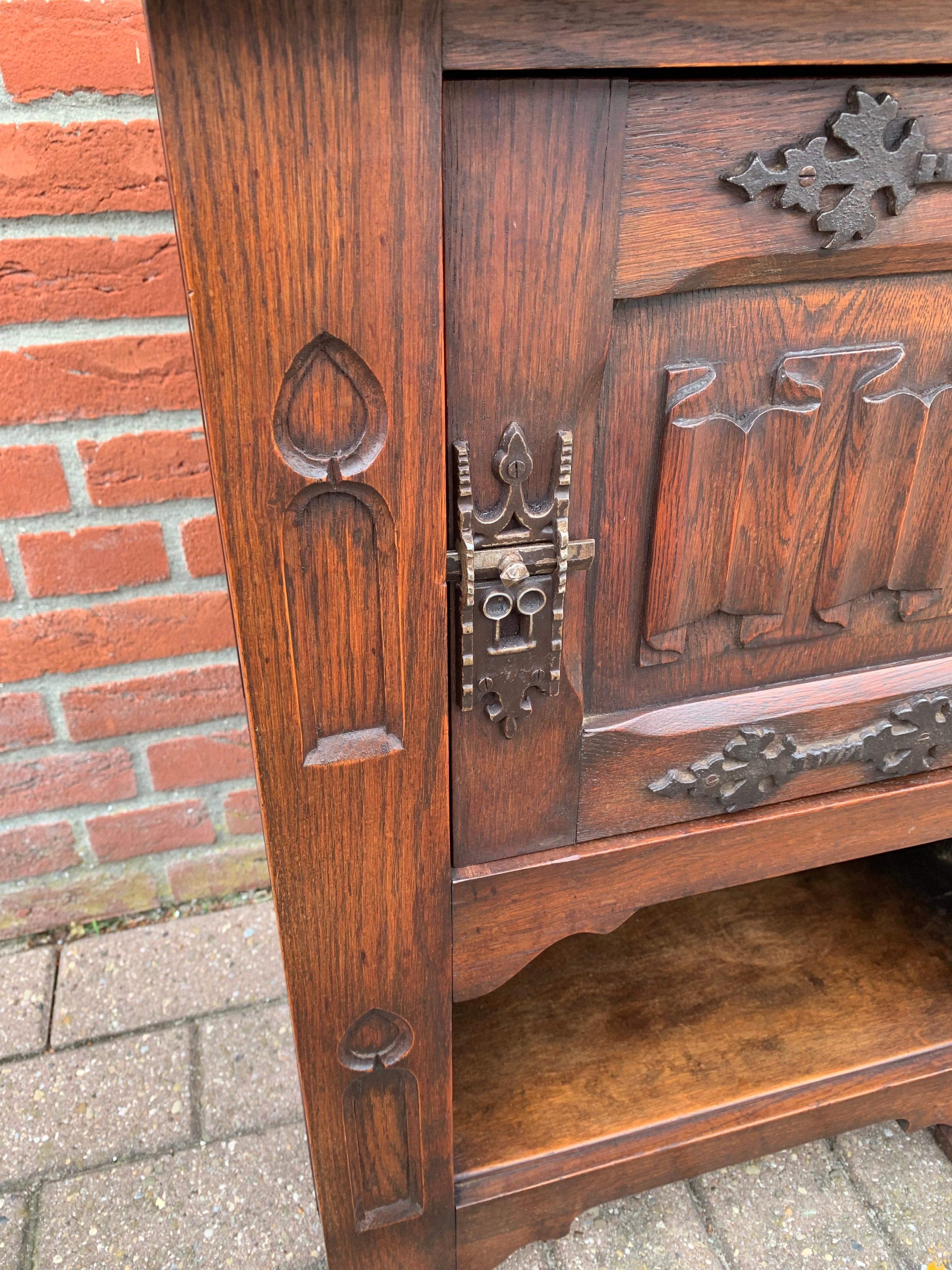 Small and Stunning Multi Purpose Gothic Revival Hand Carved Tiger Oak Cabinet 1