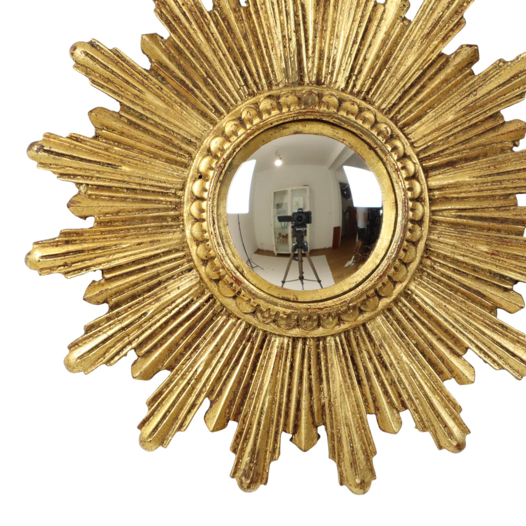 Mid-Century Modern Small Sun Mirror Sunburst Mirror Gold Leaf Convex 26cm For Sale