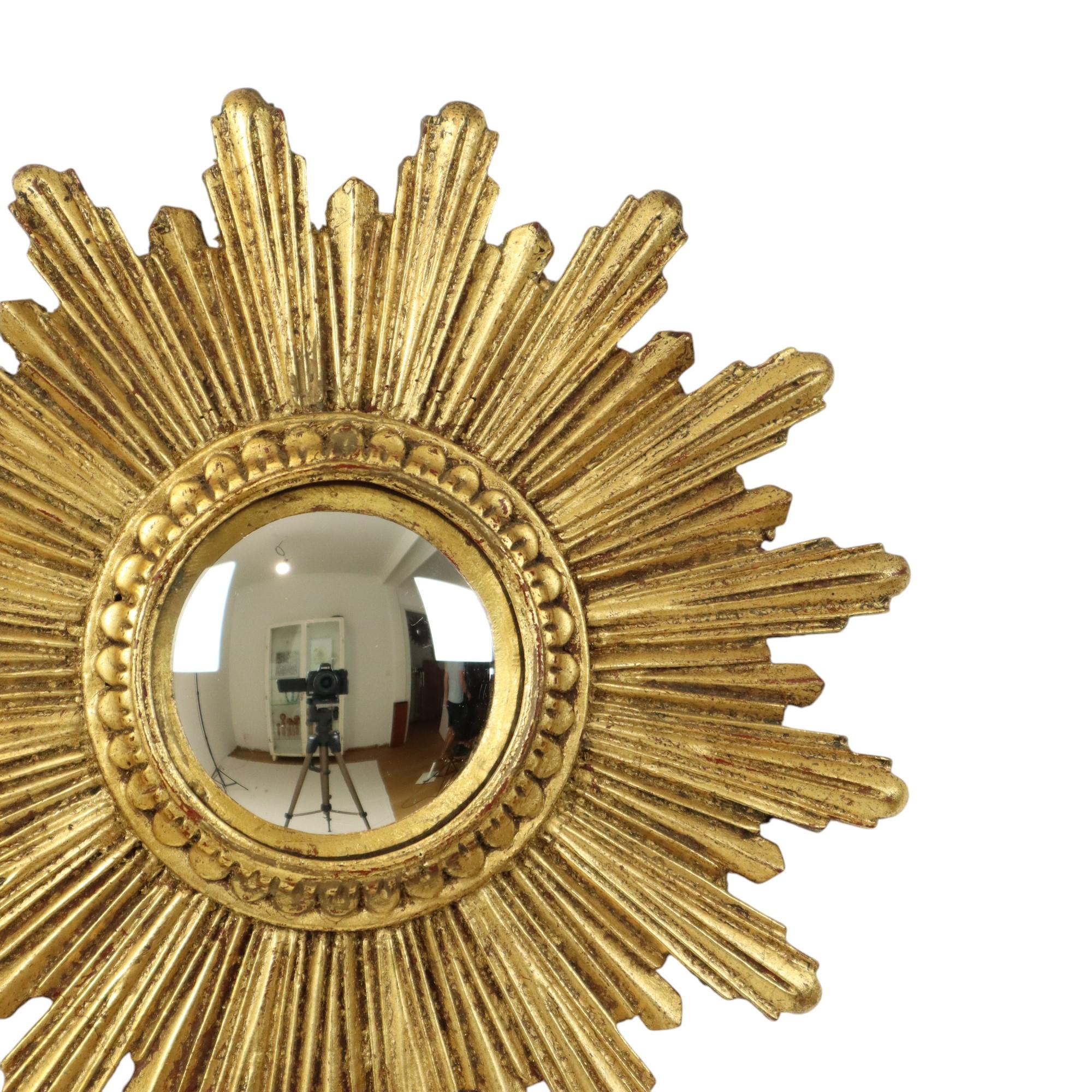 Belgian Small Sun Mirror Sunburst Mirror Gold Leaf Convex 26cm For Sale