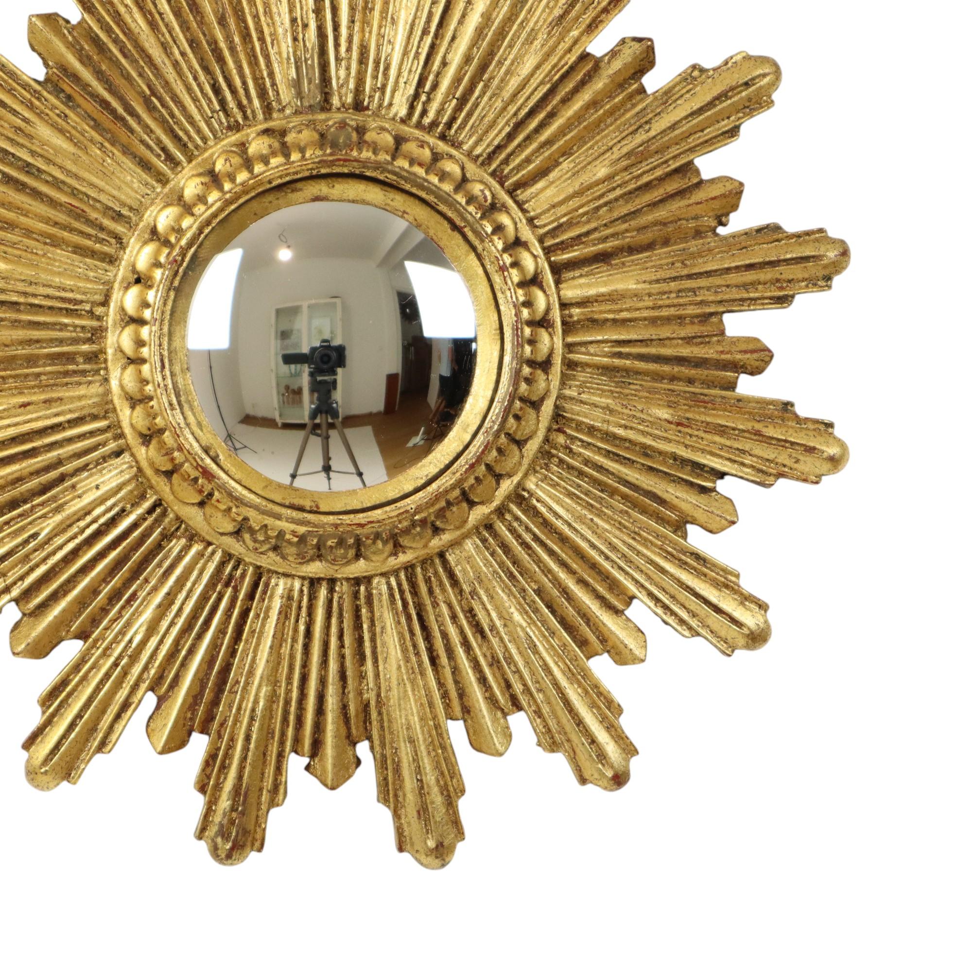 Gilt Small Sun Mirror Sunburst Mirror Gold Leaf Convex 26cm For Sale