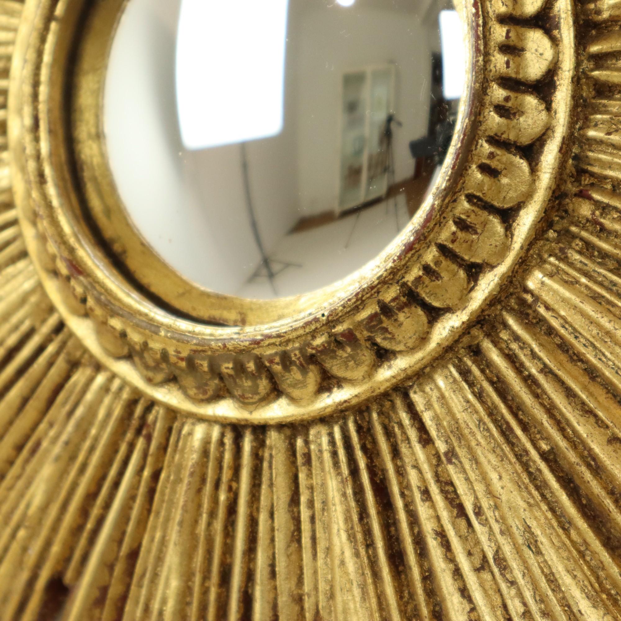 Glass Small Sun Mirror Sunburst Mirror Gold Leaf Convex 26cm For Sale
