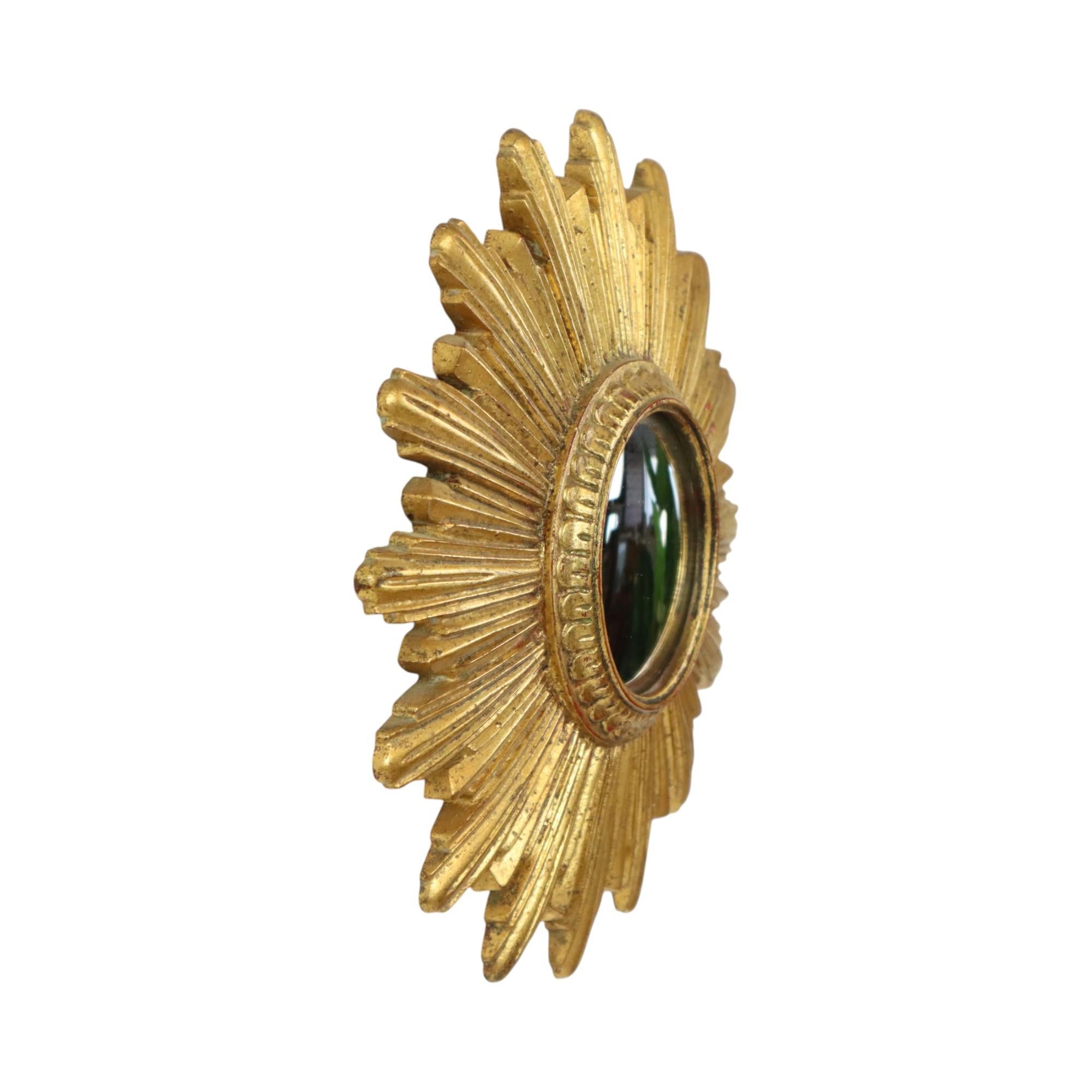 Small Sunburst Mirror Gold Leaf Convex Sun Mirror 25cm For Sale 3
