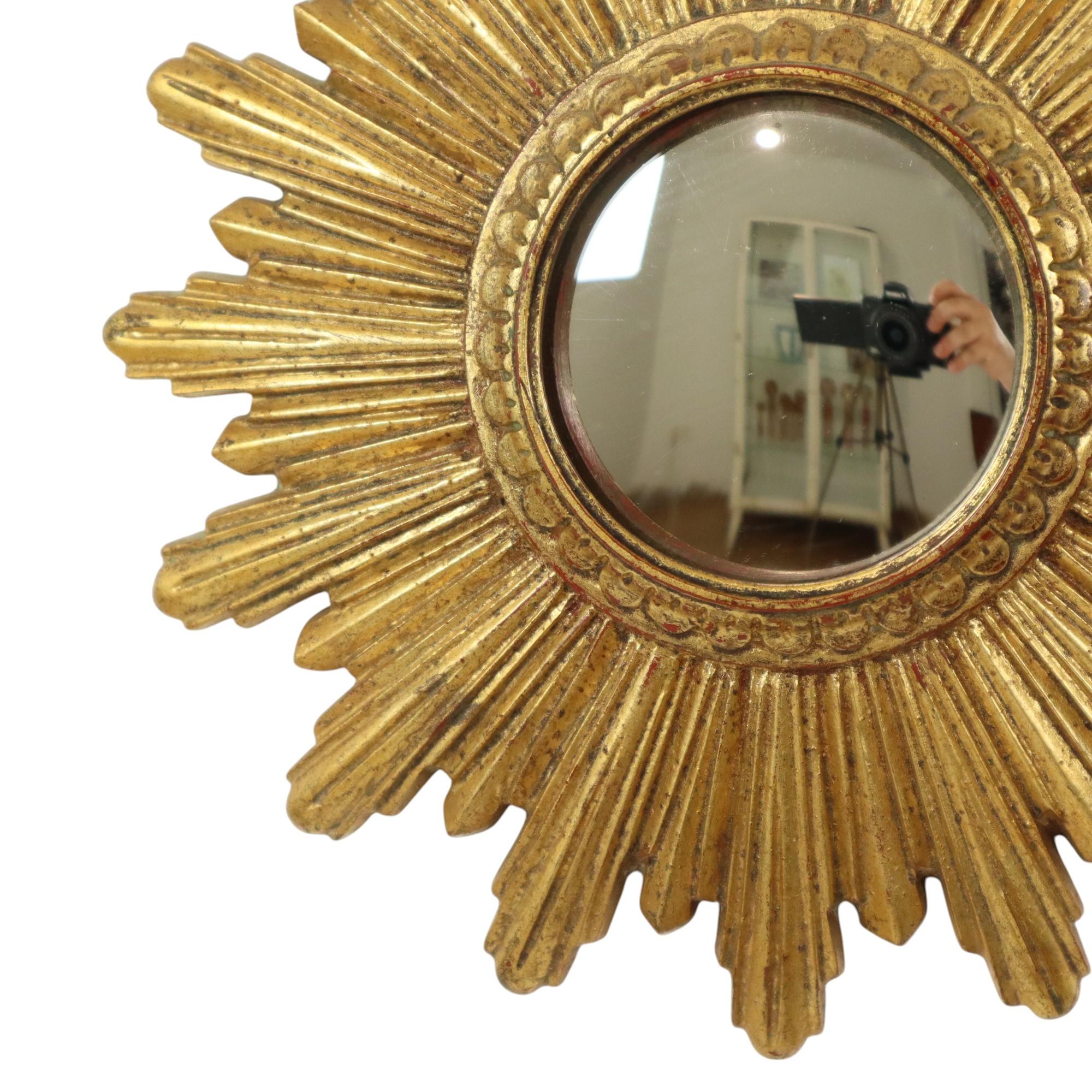 Mid-Century Modern Small Sunburst Mirror Gold Leaf Convex Sun Mirror 25cm For Sale