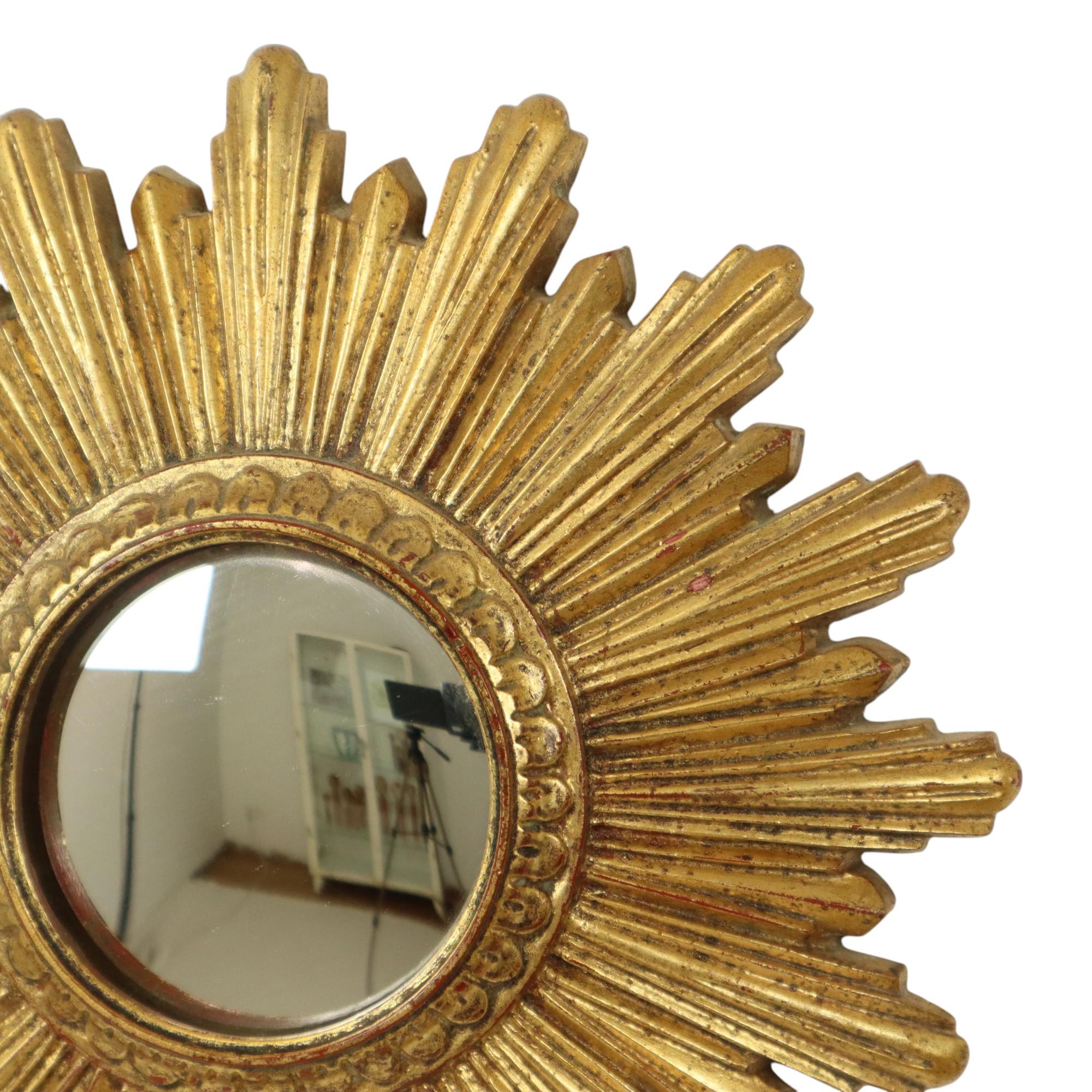 Belgian Small Sunburst Mirror Gold Leaf Convex Sun Mirror 25cm For Sale