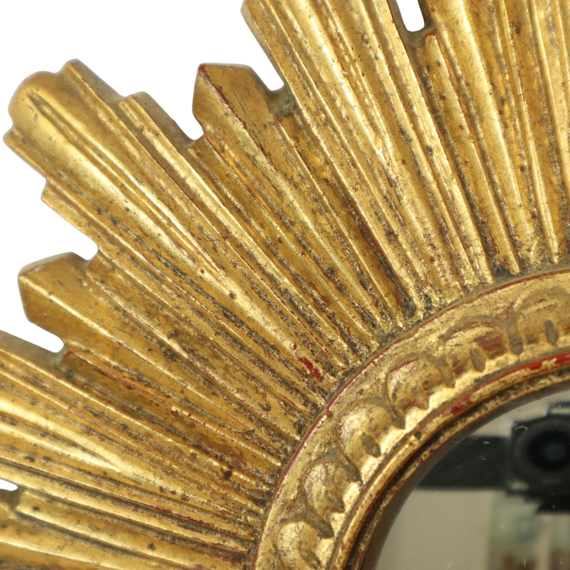 Glass Small Sunburst Mirror Gold Leaf Convex Sun Mirror 25cm For Sale