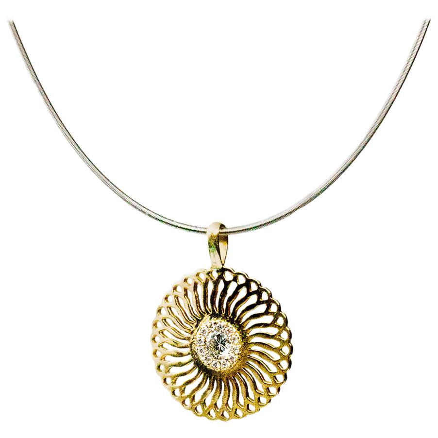18 Karat Yellow Gold Small Sunflower Pendant, Set with Diamonds For Sale