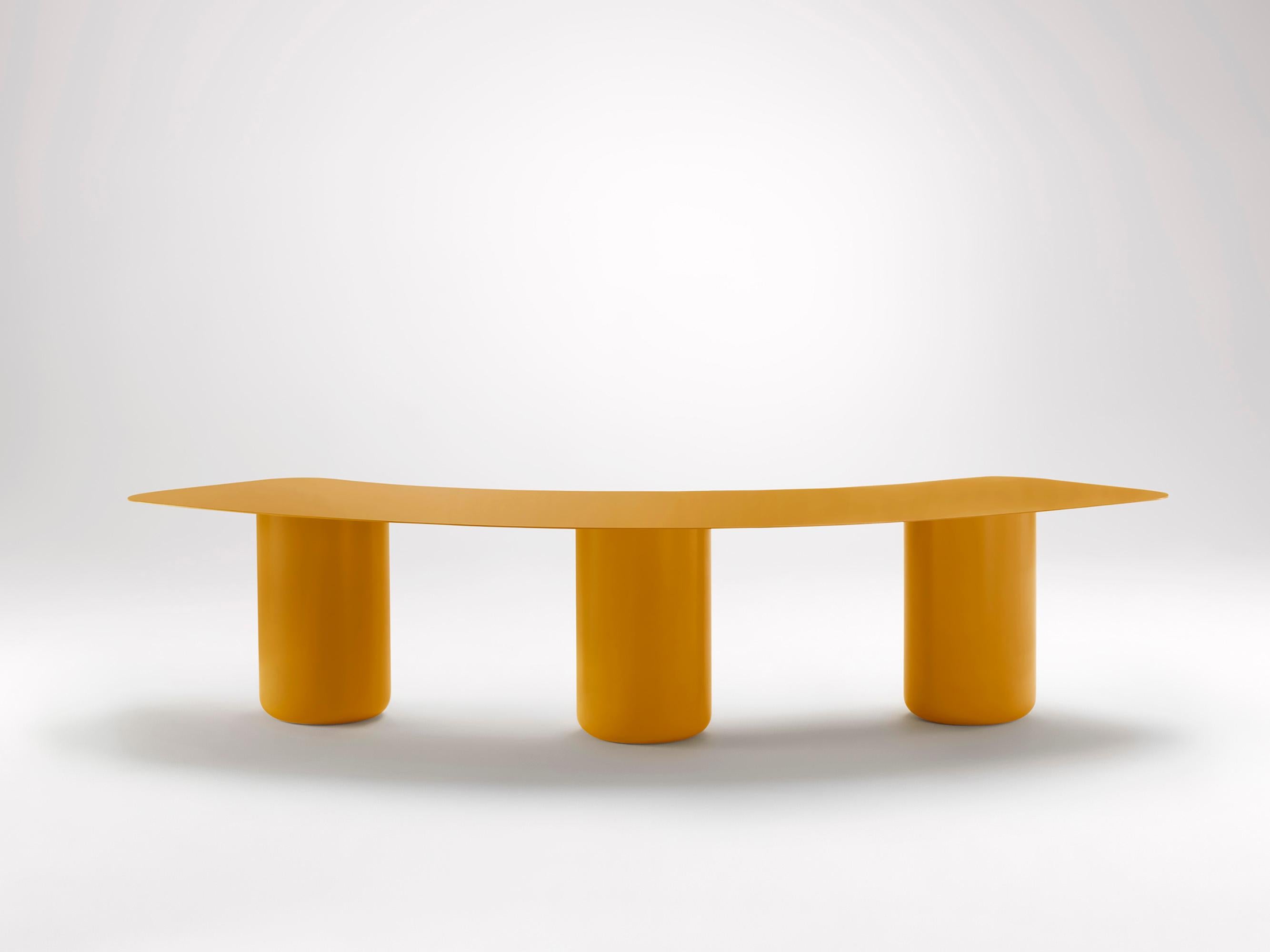 Small Sunshine Yellow Curved Bench by Coco Flip
Dimensions: D 65 x W 165 x H 42 cm
Materials: Mild steel, powder-coated with zinc undercoat. 
Weight: 42 kg

Coco Flip is a Melbourne based furniture and lighting design studio, run by us, Kate Stokes