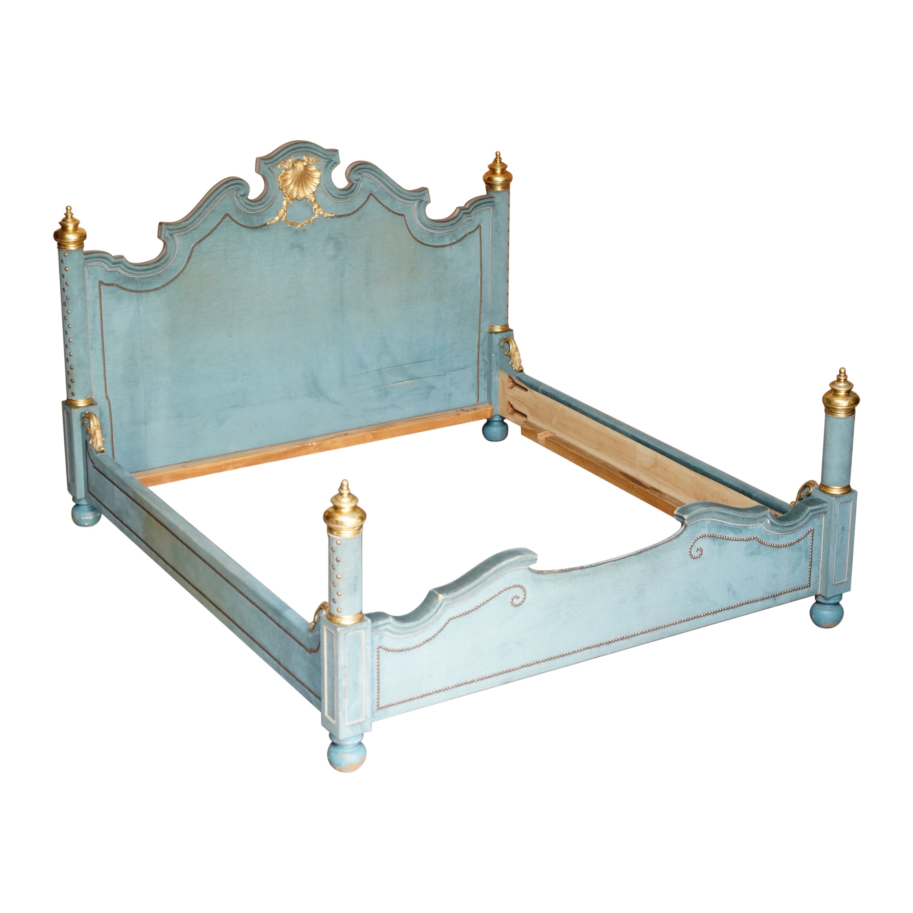 Small Super King Size Antique Italian Gold Gilt Brass Fabric Covered Bed Frame