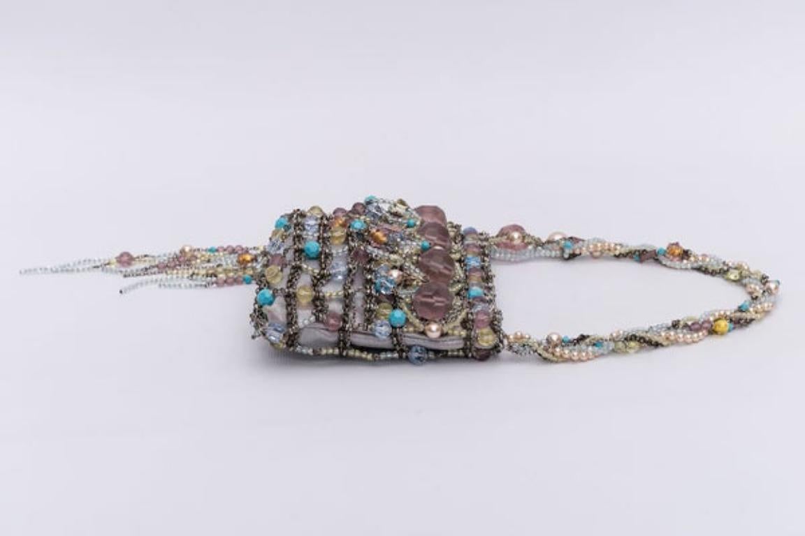 Gray Small Swarovski Evening Bag in Fabric, Chains and Pearls, 2000s For Sale
