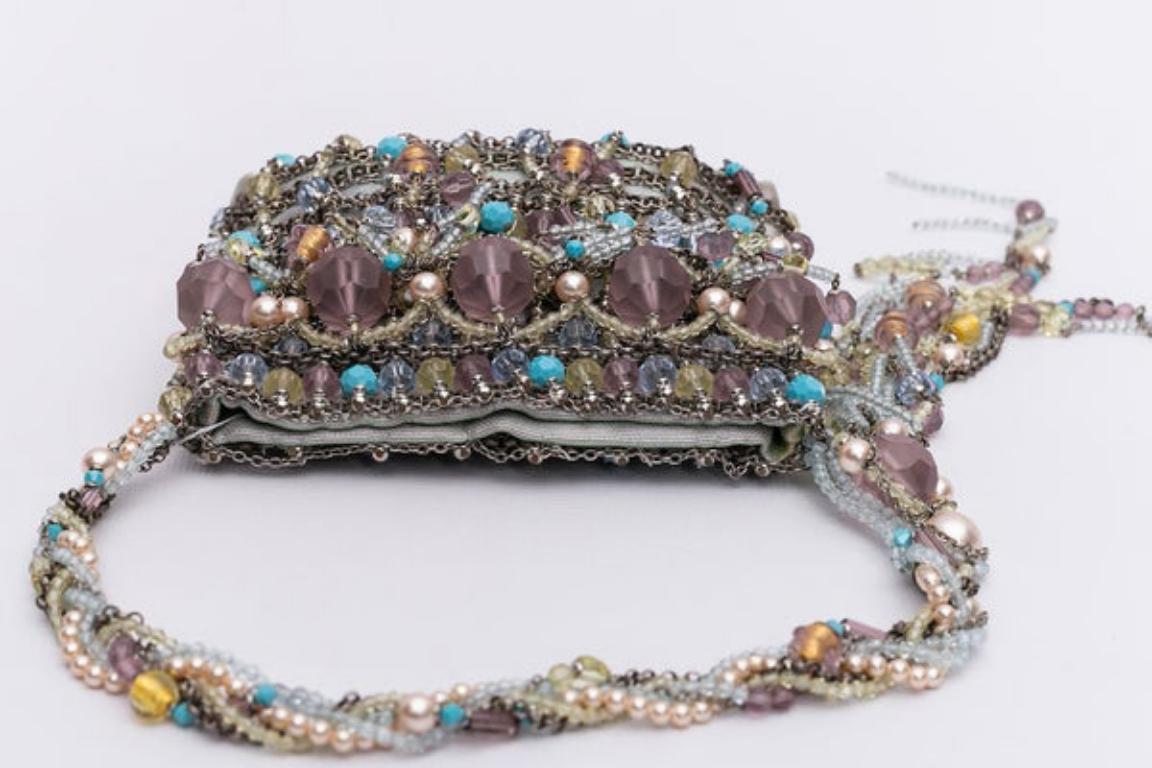 Women's Small Swarovski Evening Bag in Fabric, Chains and Pearls, 2000s For Sale