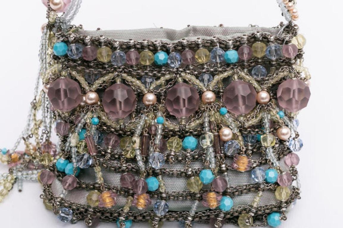 Small Swarovski Evening Bag in Fabric, Chains and Pearls, 2000s For Sale 1