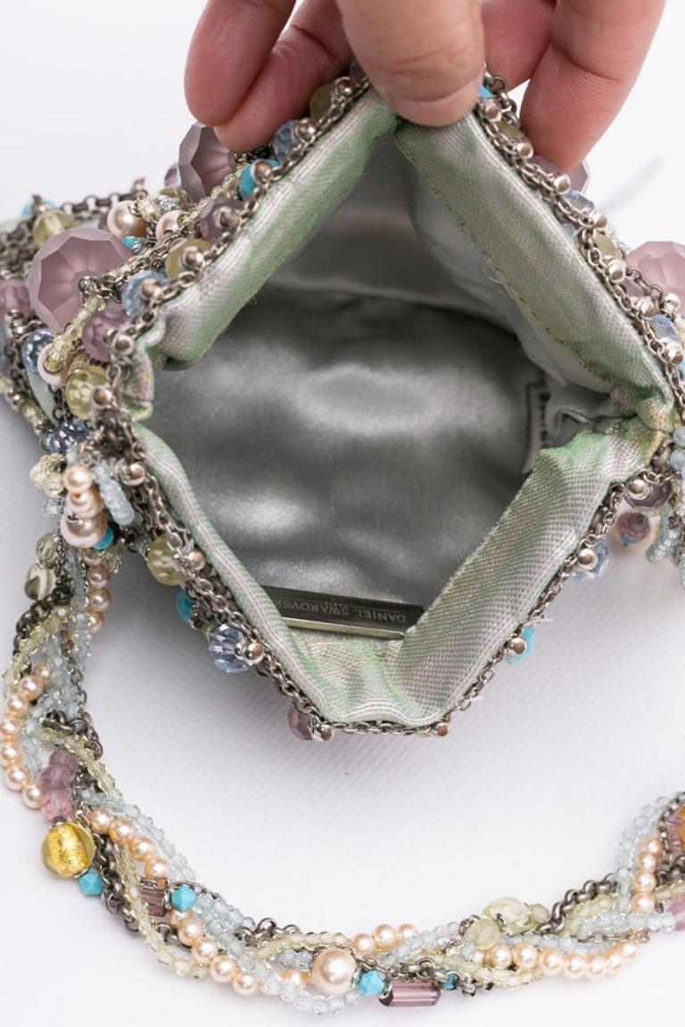 Small Swarovski Evening Bag in Fabric, Chains and Pearls, 2000s For Sale 3