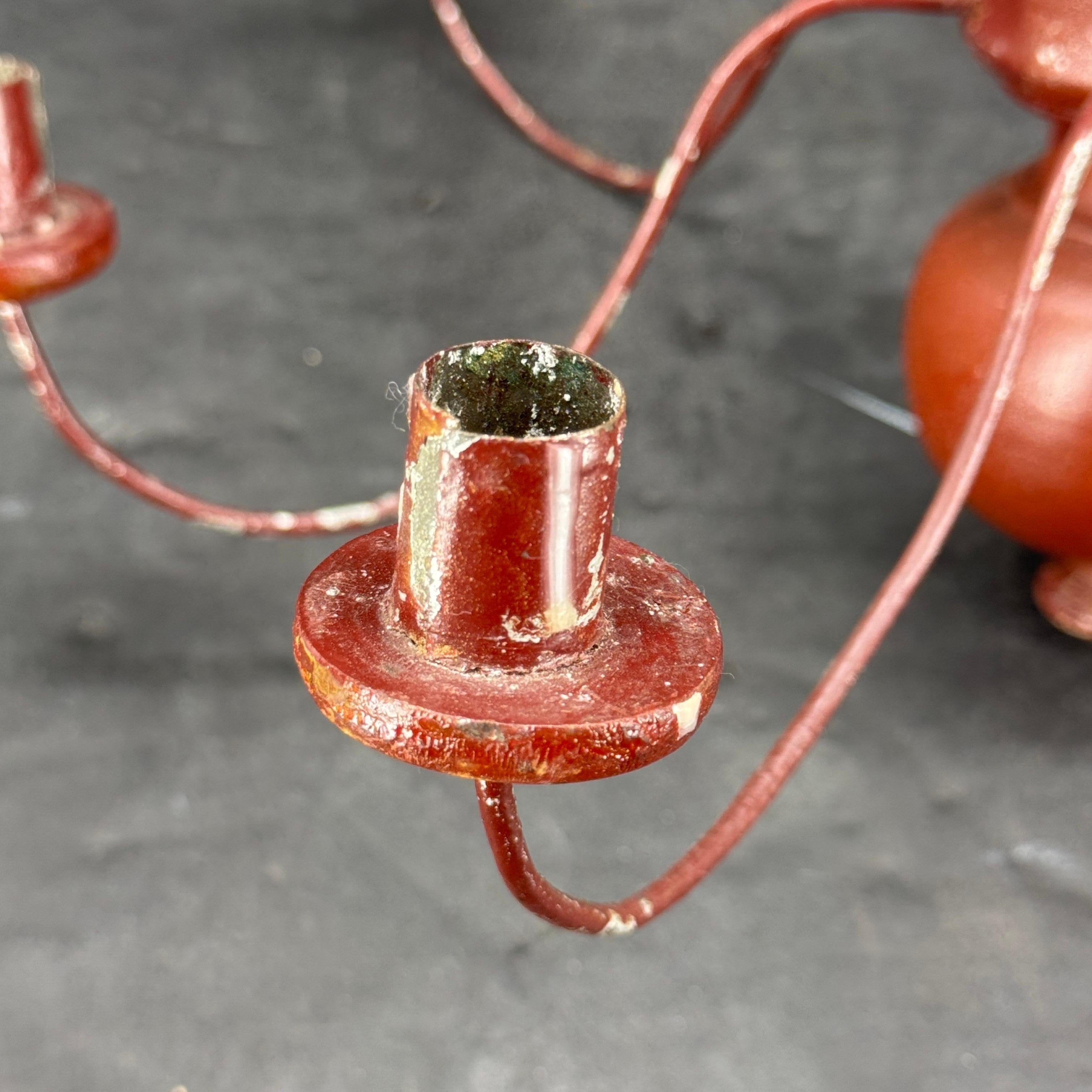 Small Swedish 12 Arm Red Wood and Wire Chandelier Light, 19th Century 6