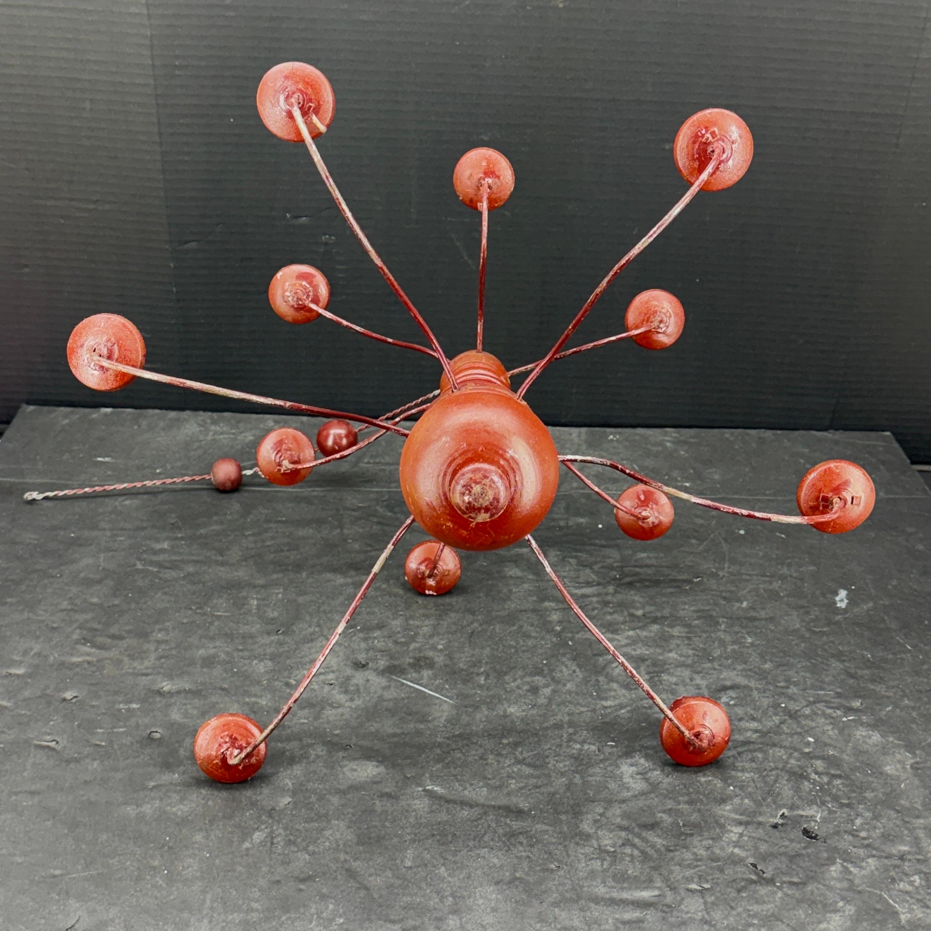 Small Swedish 12 Arm Red Wood and Wire Chandelier Light, 19th Century 12
