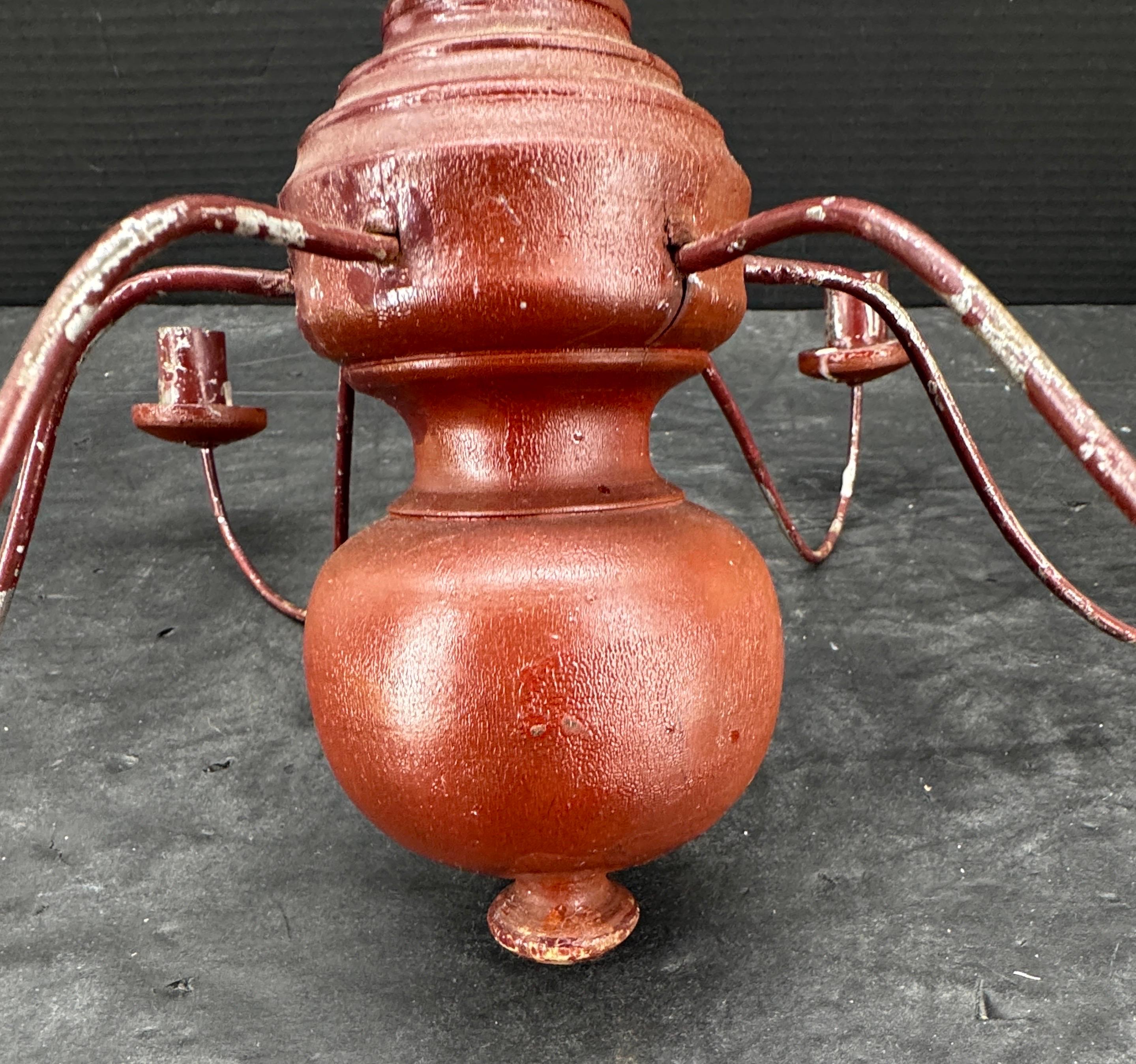 Folk Art Small Swedish 12 Arm Red Wood and Wire Chandelier Light, 19th Century