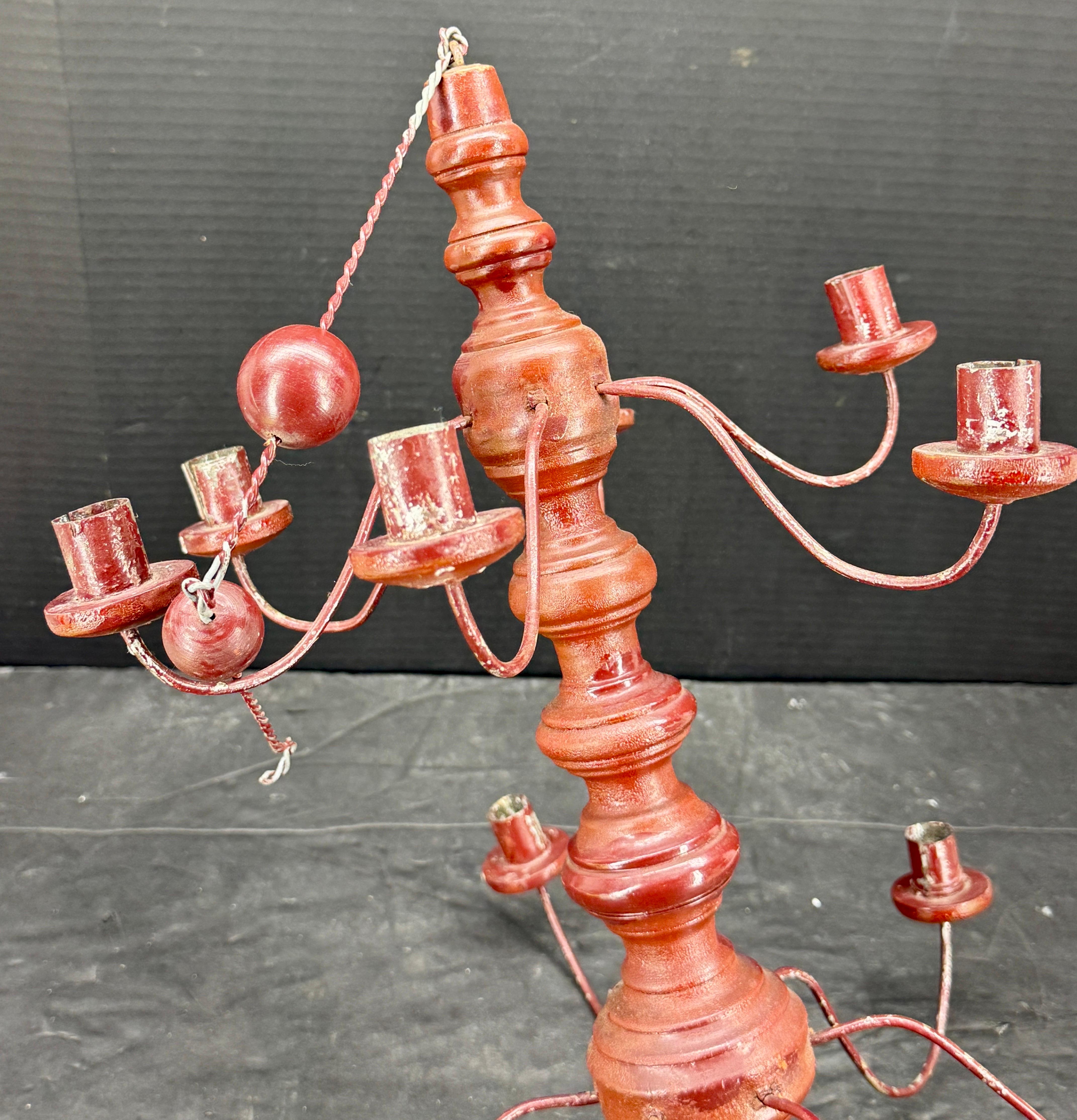 Small Swedish 12 Arm Red Wood and Wire Chandelier Light, 19th Century In Good Condition In Haddonfield, NJ