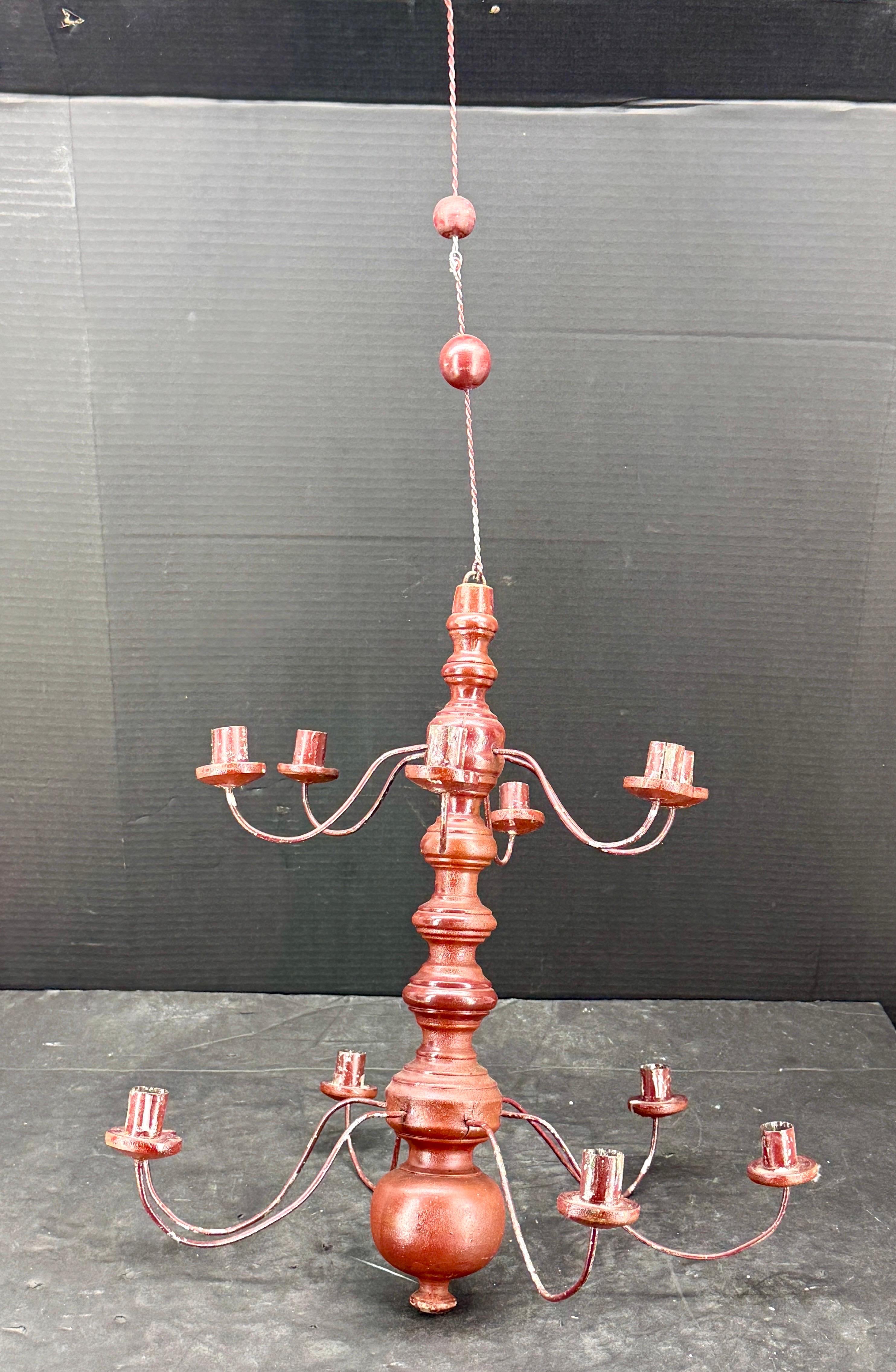 Small Swedish 12 Arm Red Wood and Wire Chandelier Light, 19th Century 1