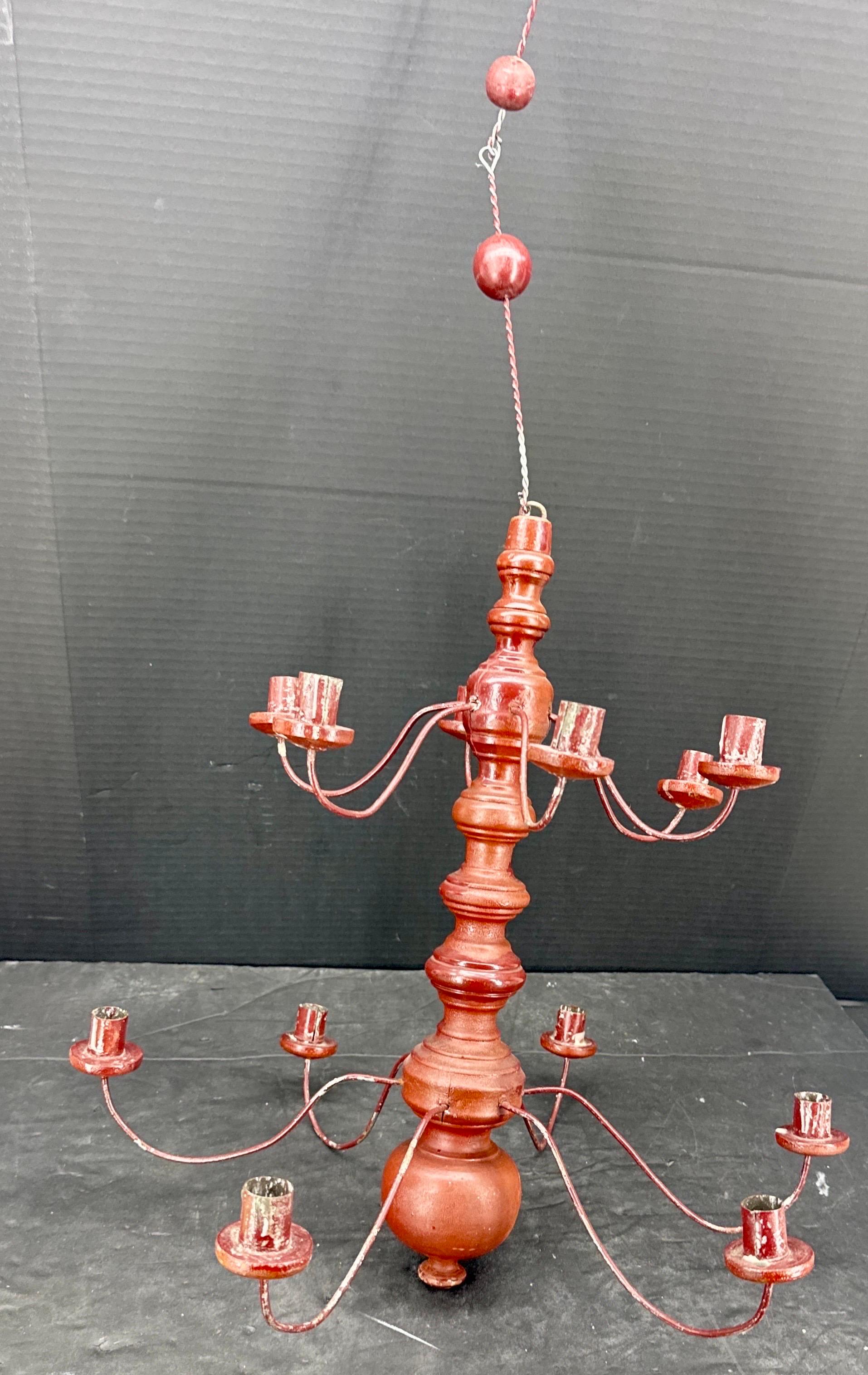 Small Swedish 12 Arm Red Wood and Wire Chandelier Light, 19th Century 3