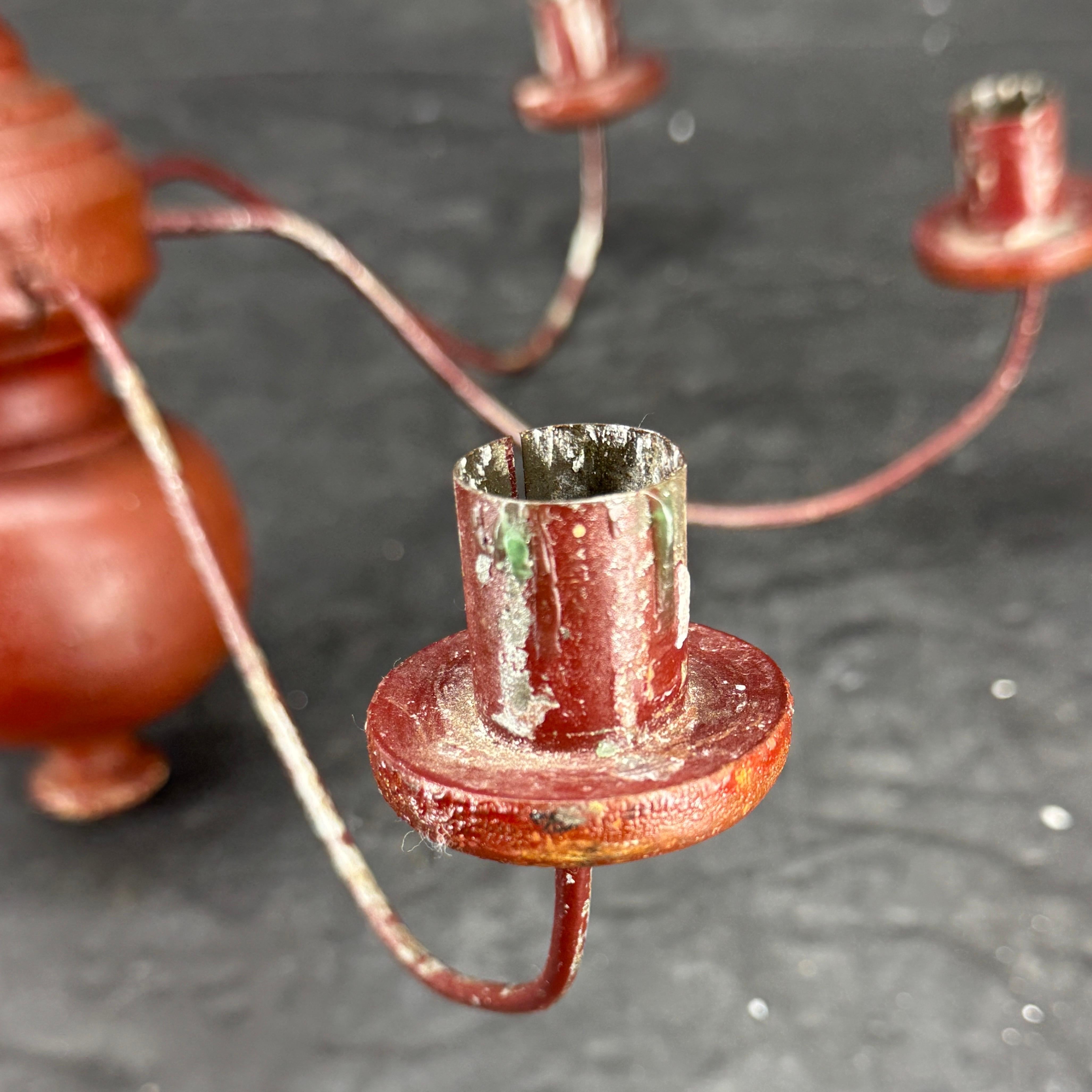 Small Swedish 12 Arm Red Wood and Wire Chandelier Light, 19th Century 4