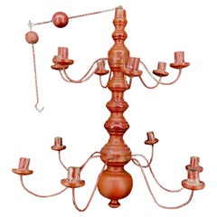 Small Swedish 12 Arm Red Wood and Wire Chandelier Light, 19th Century