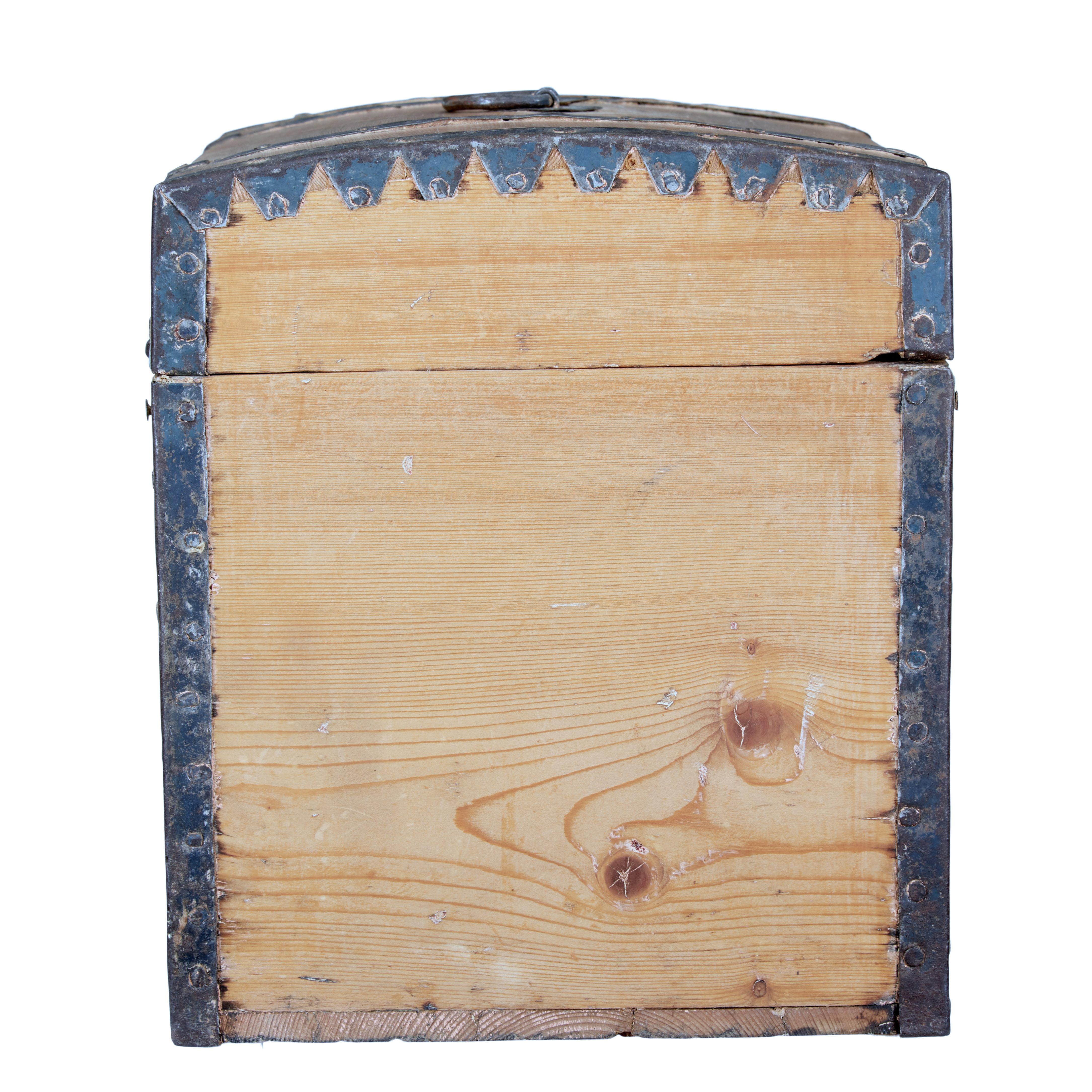 Small Swedish 1860s Pine Metal Bound Box with Distressed Blue Painted Interior For Sale 1