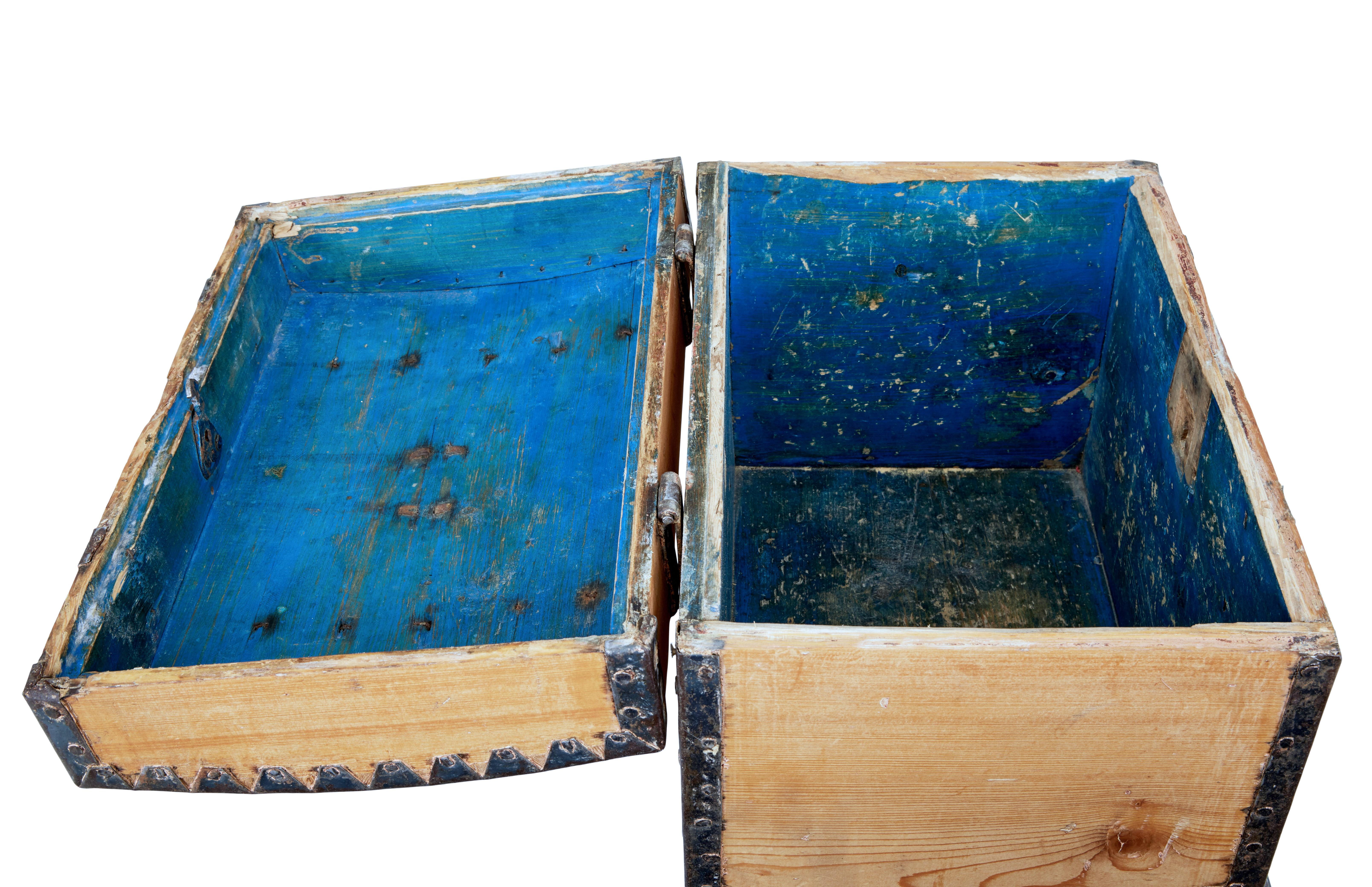 Small Swedish 1860s Pine Metal Bound Box with Distressed Blue Painted Interior For Sale 3