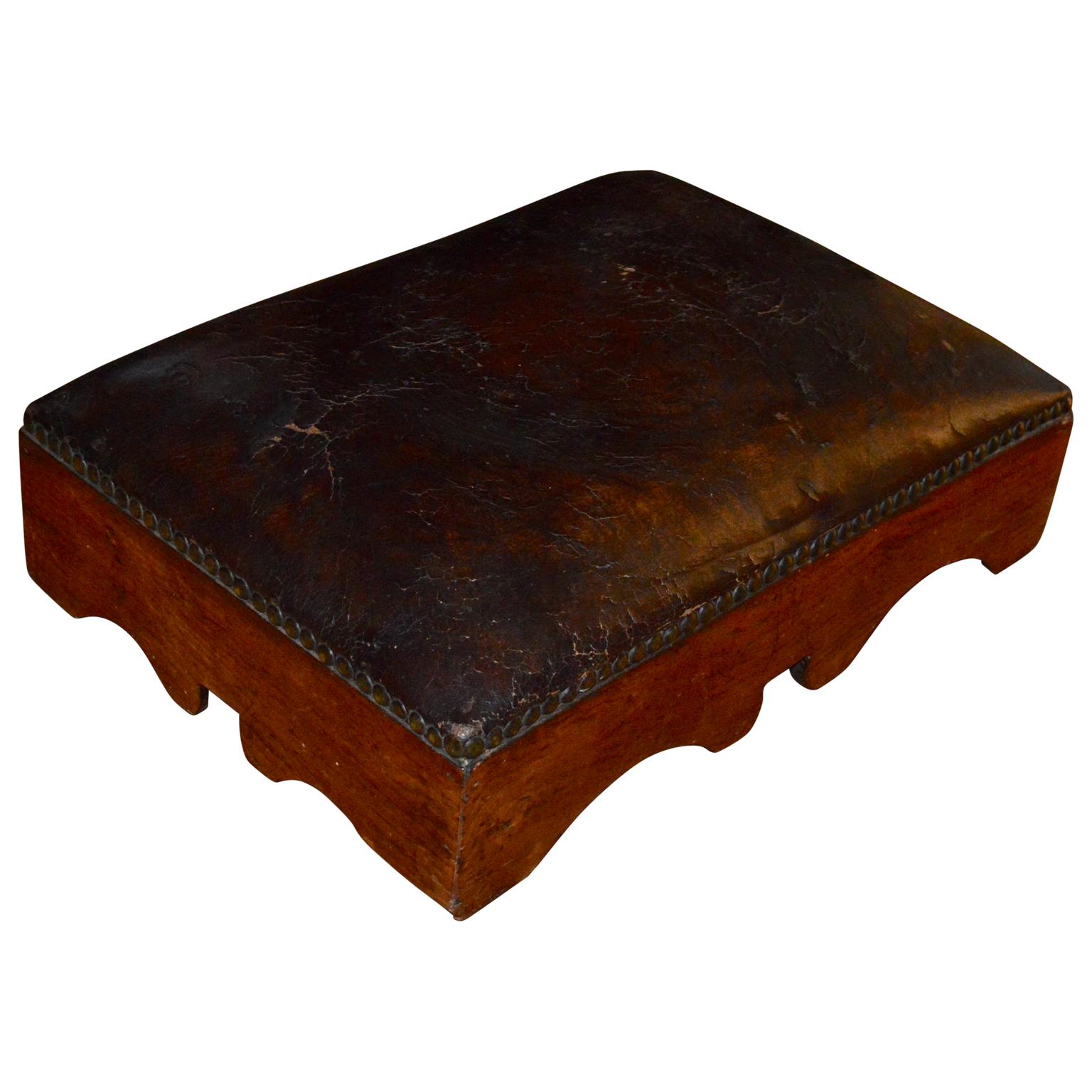 Rustic Small Swedish 19th Century Brown Leather Footstool For Sale