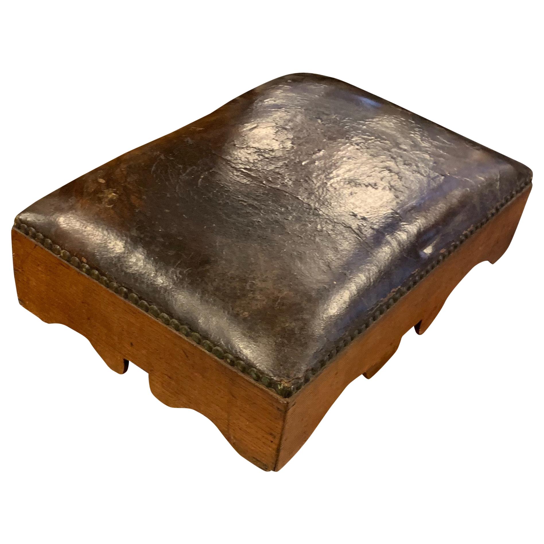 Small Swedish 19th Century Brown Leather Footstool