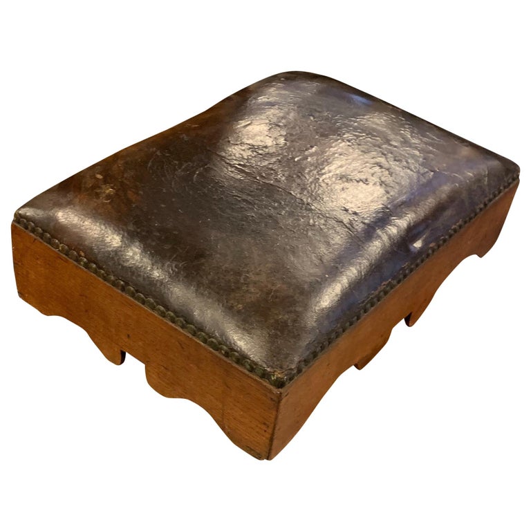 Small Swedish 19th Century Brown Leather Footstool For Sale at 1stDibs