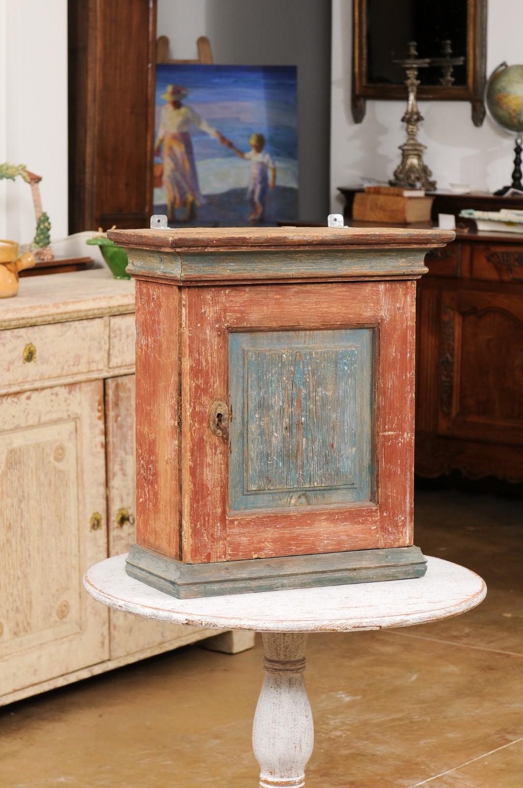 Small Swedish 19th Century Painted Wall Hanging Cabinet with Polychrome Finish In Good Condition In Atlanta, GA