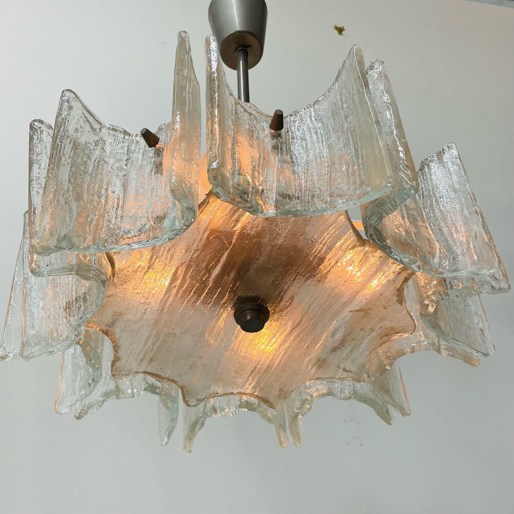 Mid-20th Century Small Swedish Mid-Century Modern Chandelier / Pendant, Slumped Glass and Brass For Sale