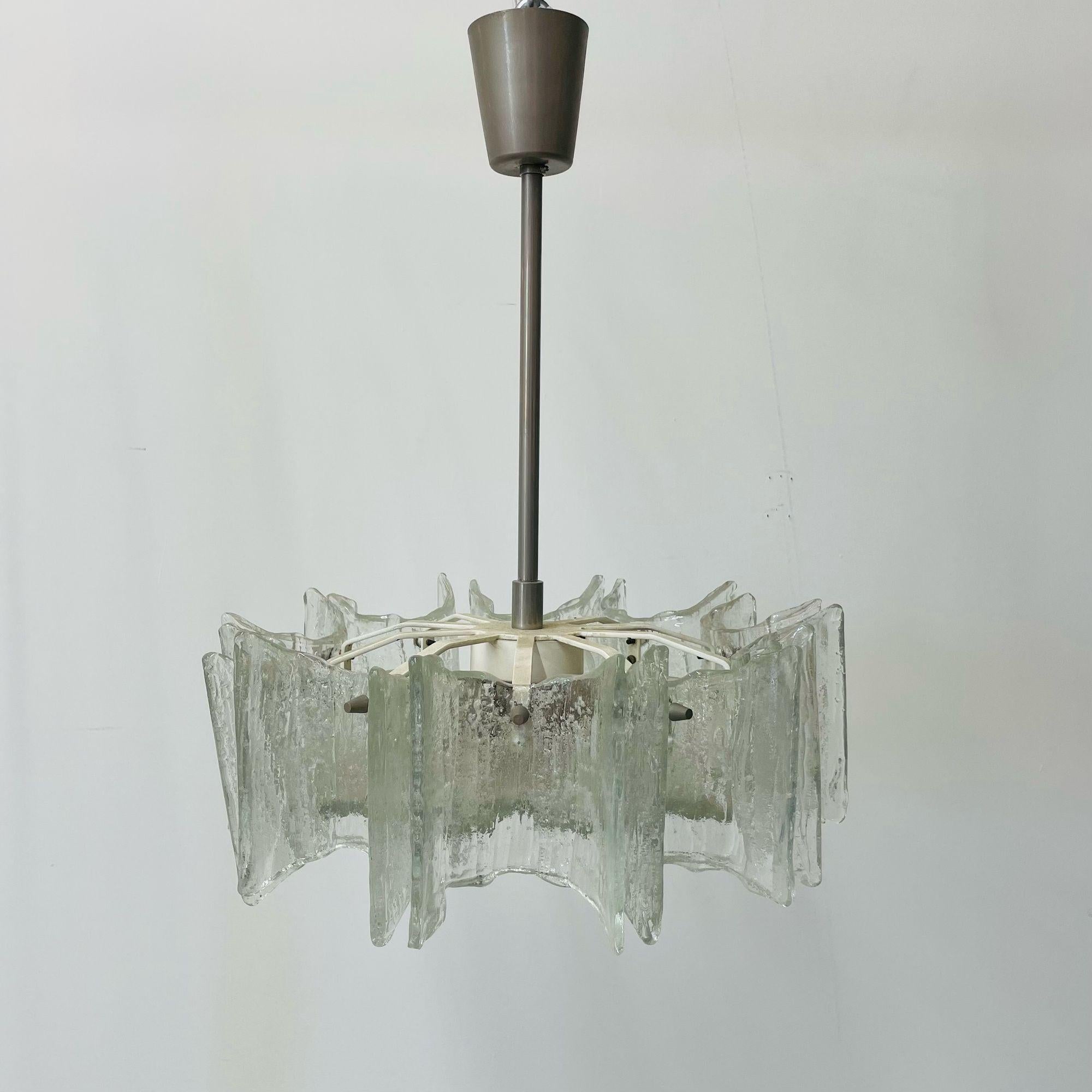 Small Swedish Mid-Century Modern Chandelier / Pendant, Slumped Glass and Brass For Sale 4