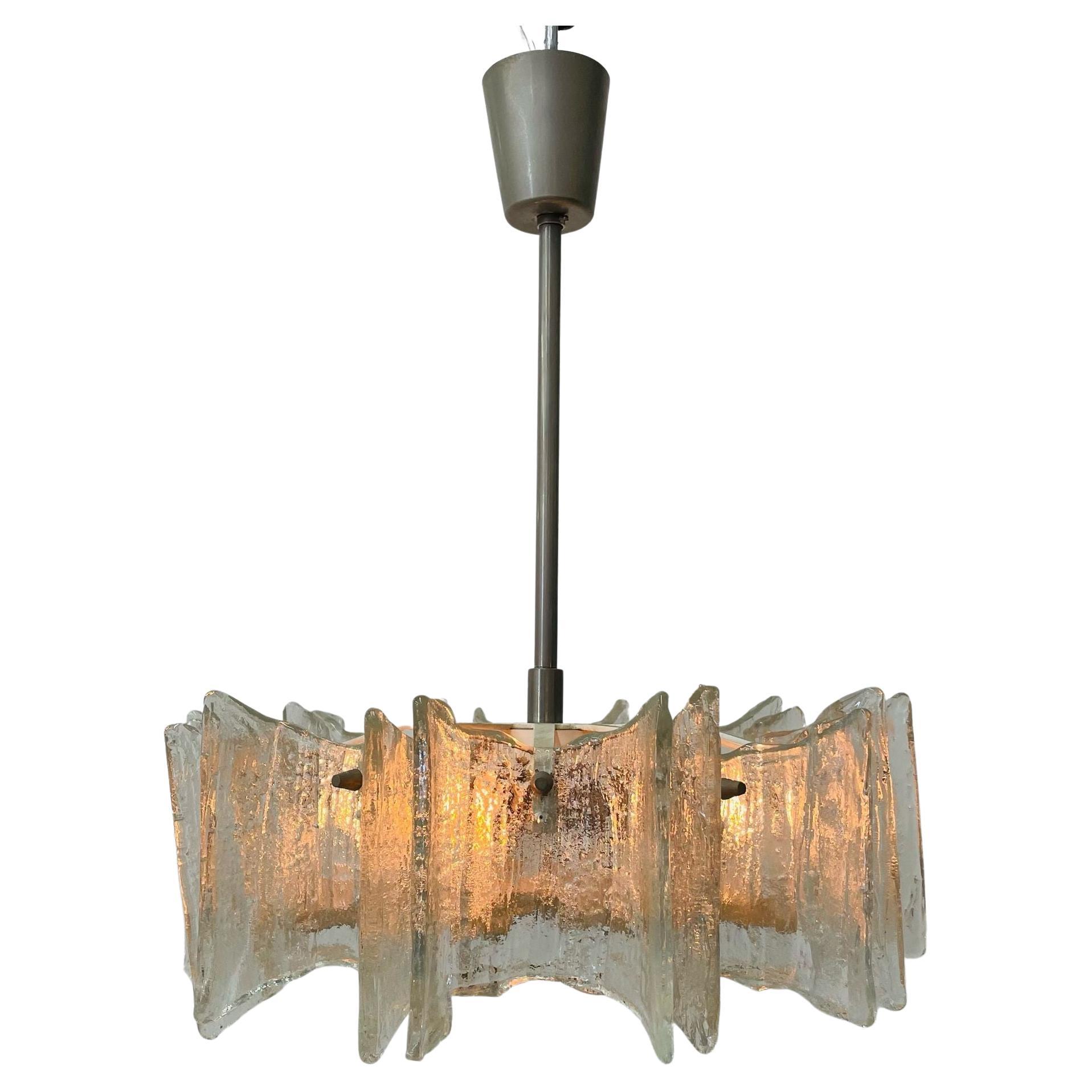 Small Swedish Mid-Century Modern Chandelier / Pendant, Slumped Glass and Brass For Sale