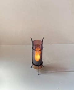 Small Swedish Modern Table Lamp in Copper, Iron & Purple Glass, 1970s