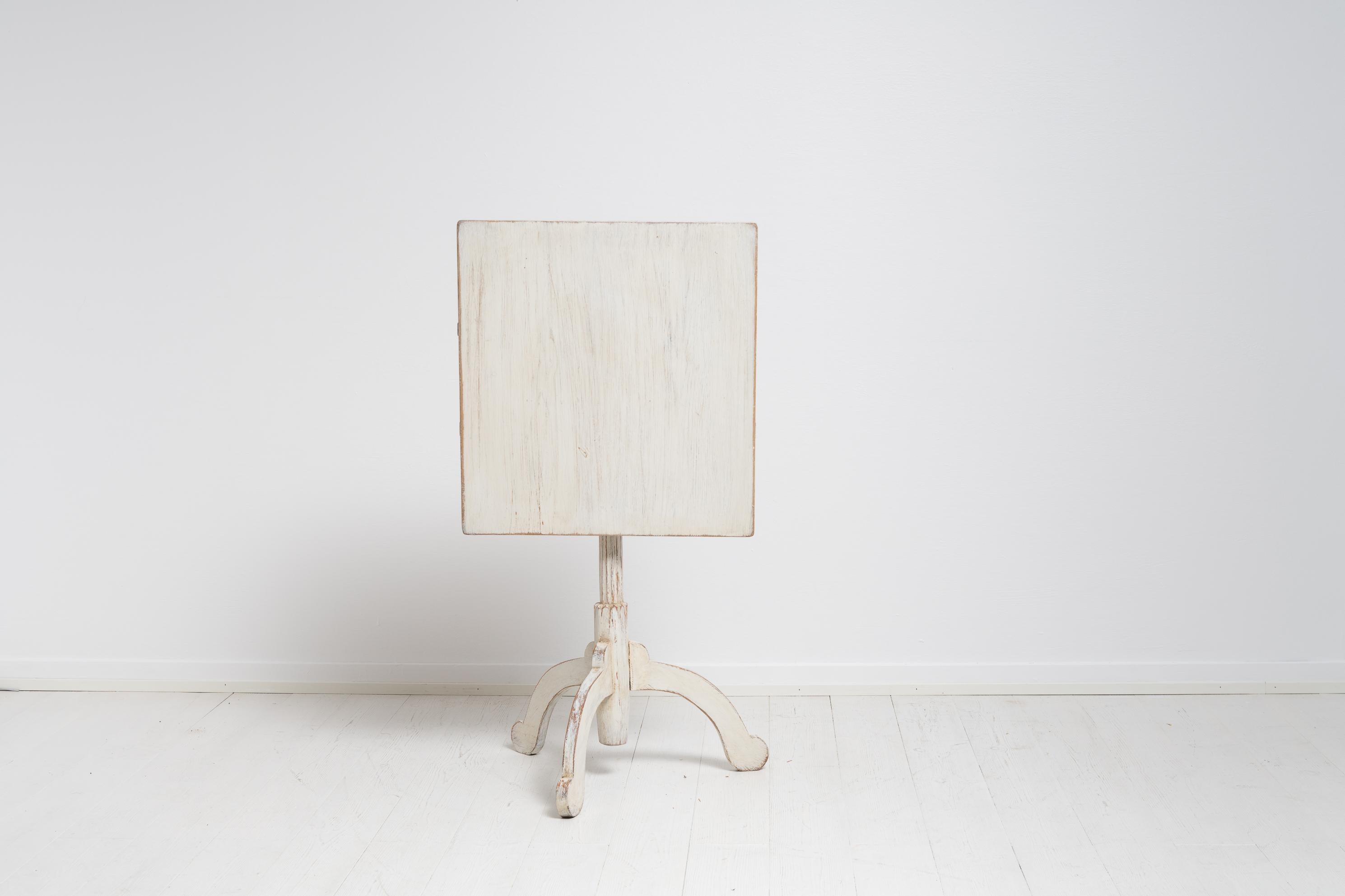 Pine Small Swedish Antique White Rustic Country Tilt Top Column Table For Sale
