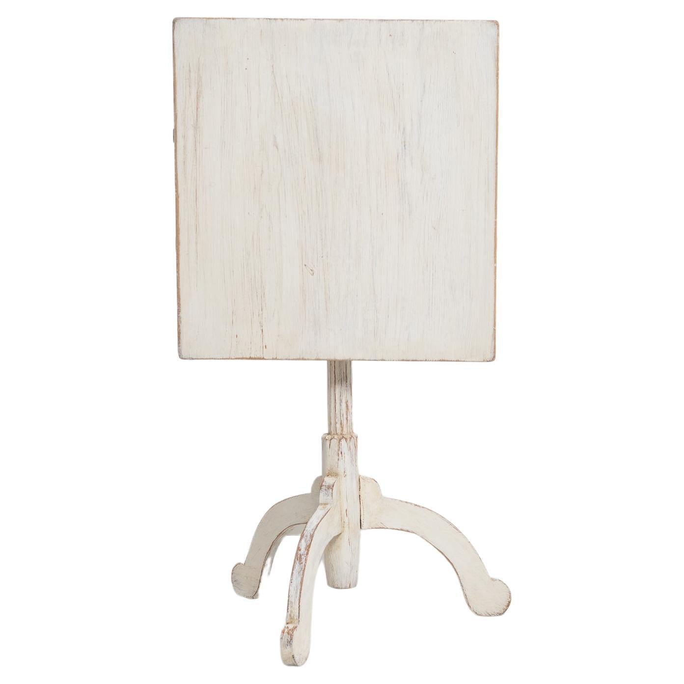 Small Swedish Antique White Rustic Country Tilt Top Column Table For Sale