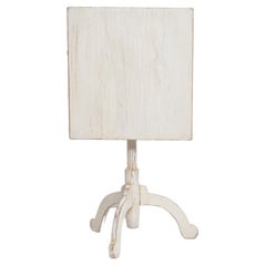 Small Swedish Antique White Rustic Country Tilt Top Column Table