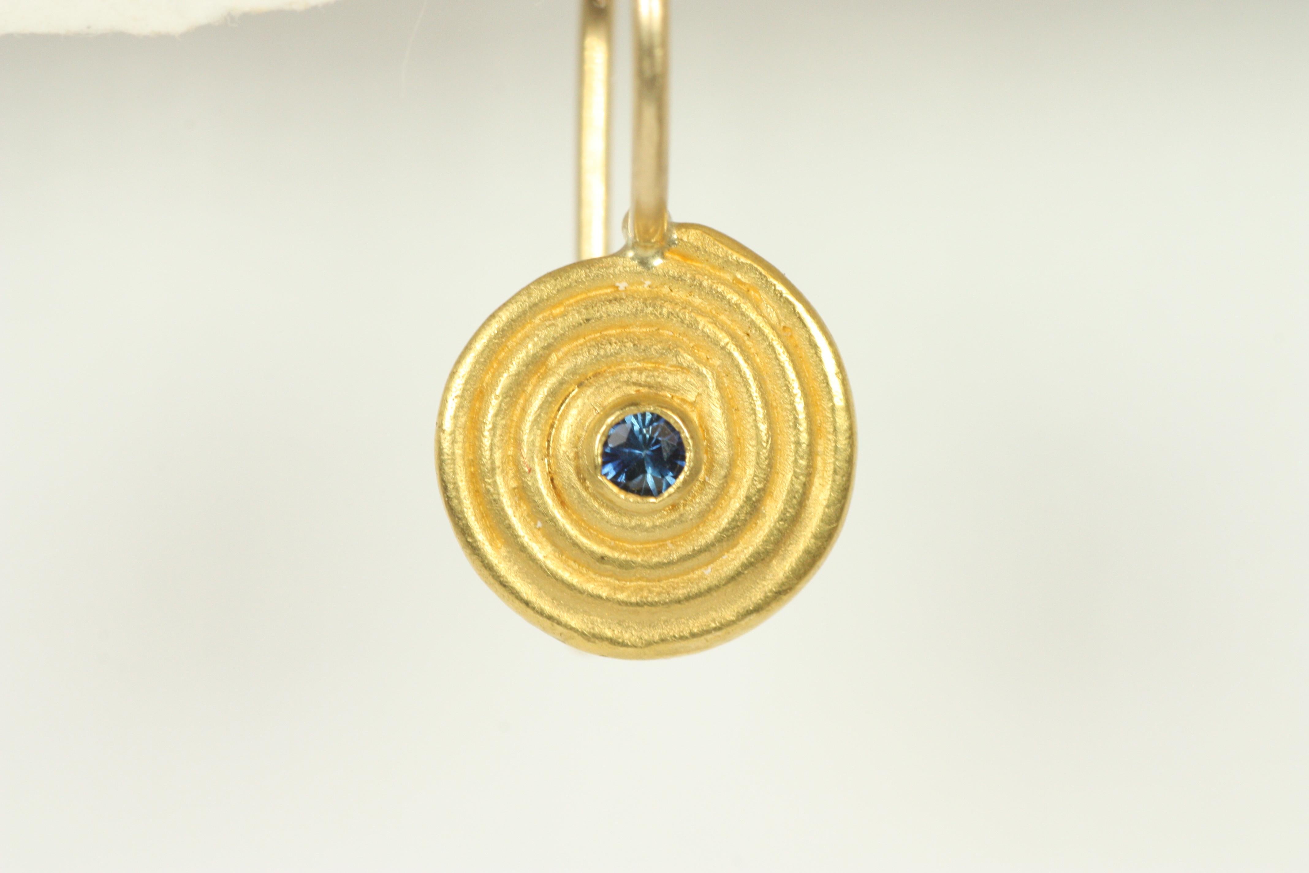 Women's Small Swirl Spiral Earrings with Blue Sapphires in 22K Yellow Gold by Bracken For Sale