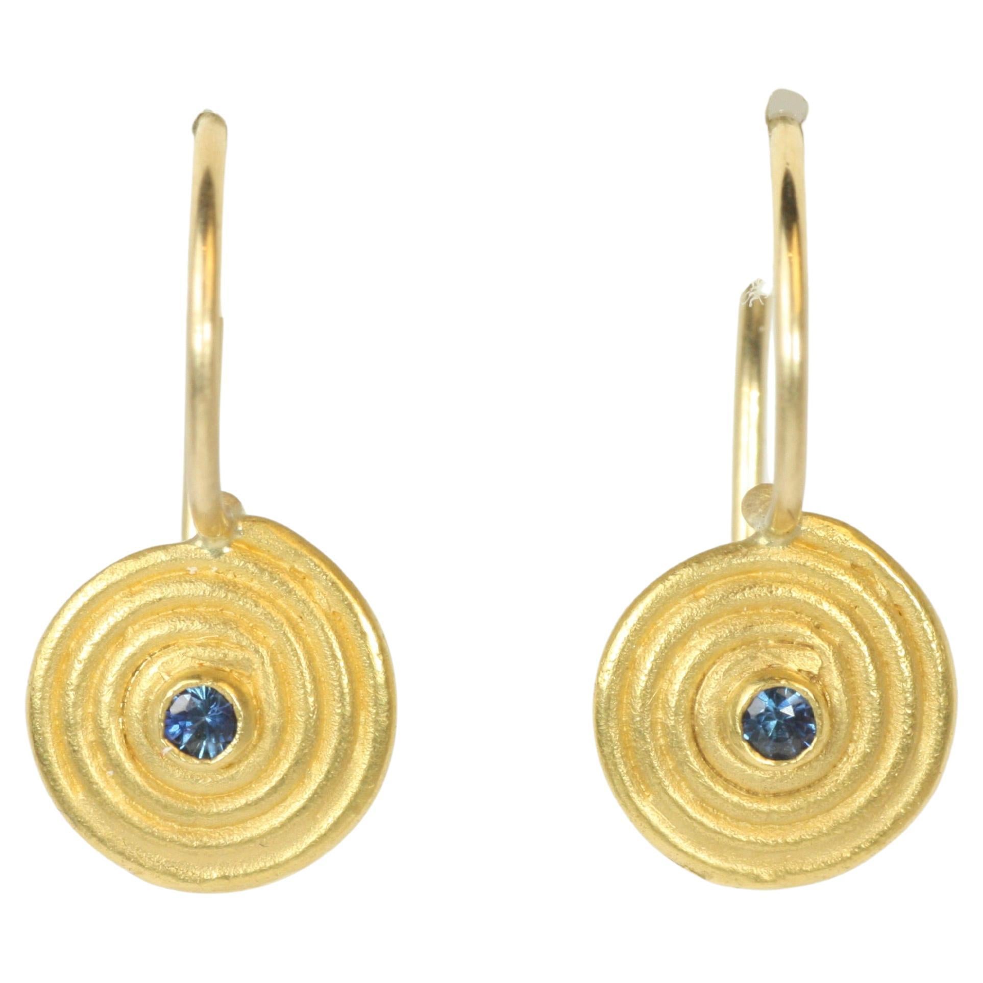 Small Swirl Spiral Earrings with Blue Sapphires in 22K Yellow Gold by Bracken