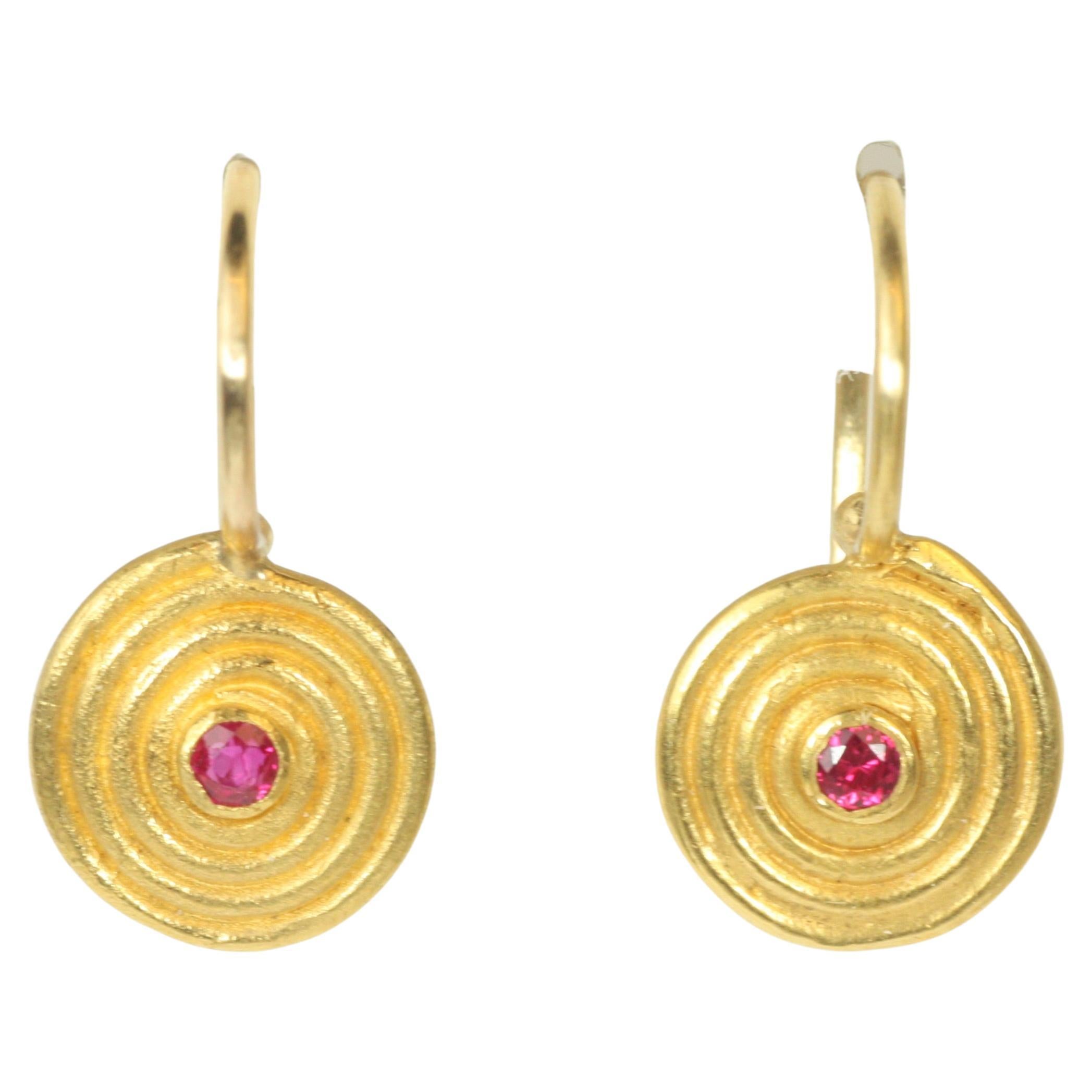 Small Swirl Spiral Earrings with Rubies in 22K Yellow Gold Handmade by Bracken