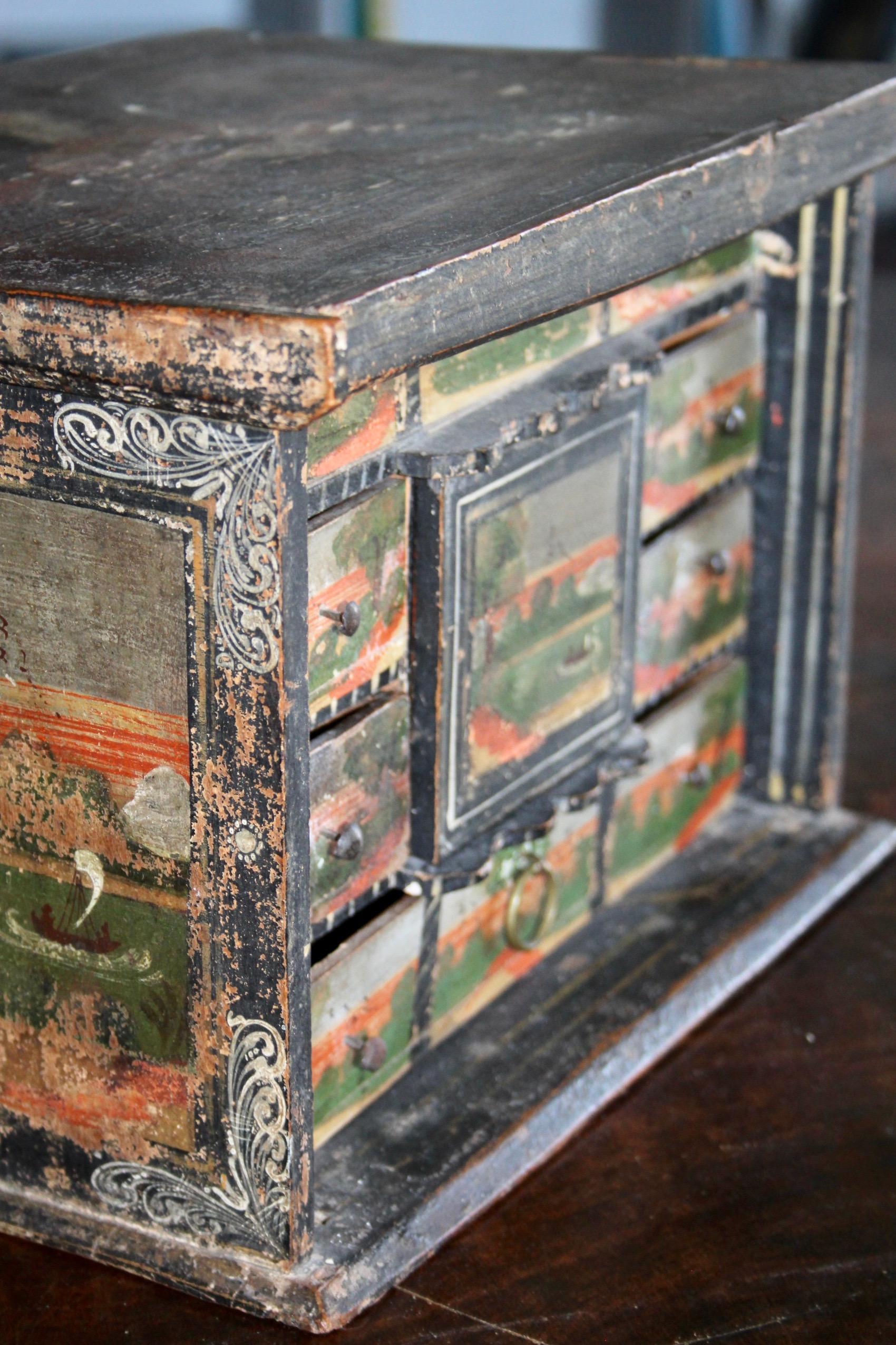 Wood Small Swiss alp painted  cabinet For Sale