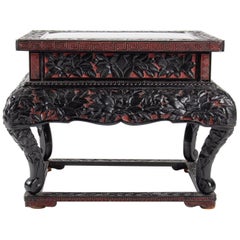 Small Table Lacquer Bicolour Chiselled Decor Peonies, China, 19th Century