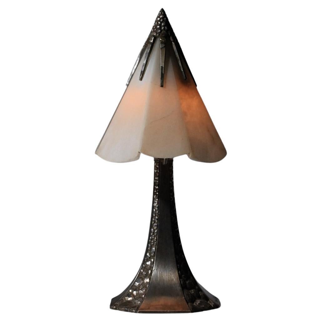 Small table lamp by Albert Cheuret in nickel-plated bronze and alabaster For Sale