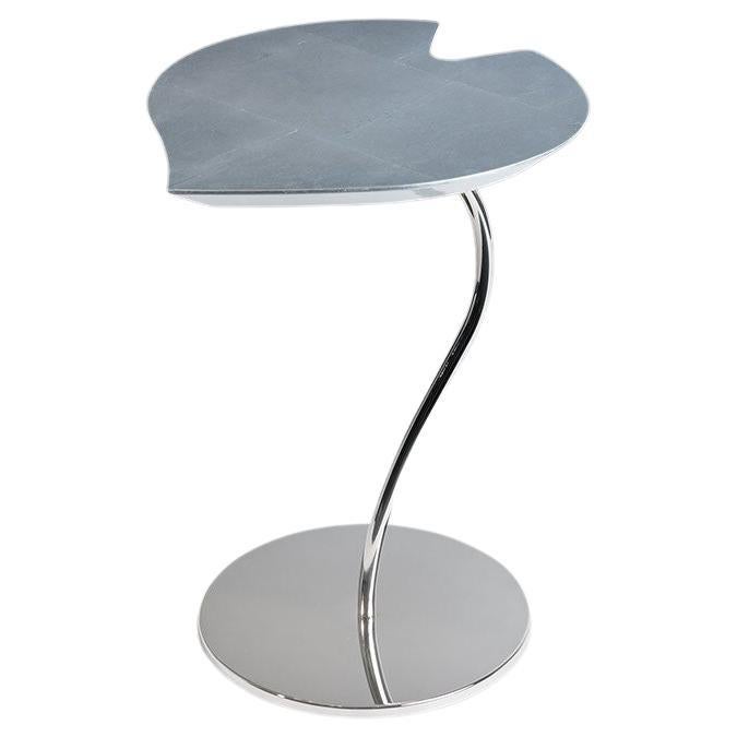 Small Table Leaf in Wood, Top in Silver Leaf, Base in Metal Chrome Finish, Italy For Sale
