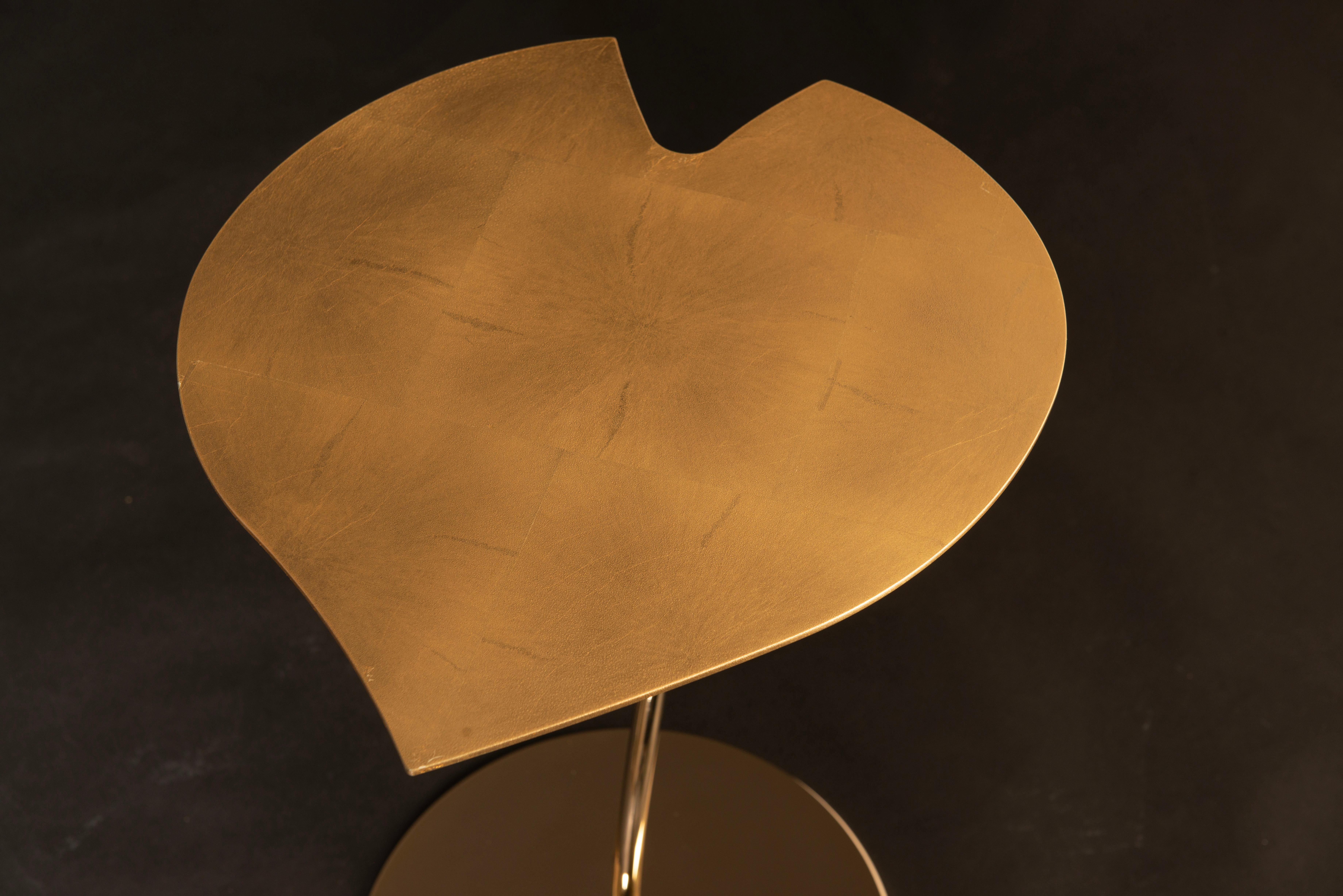 Small Table Leaf Wood, Golden Leaf Top, Metal Base 24KT Gold Finish, Italy For Sale 1
