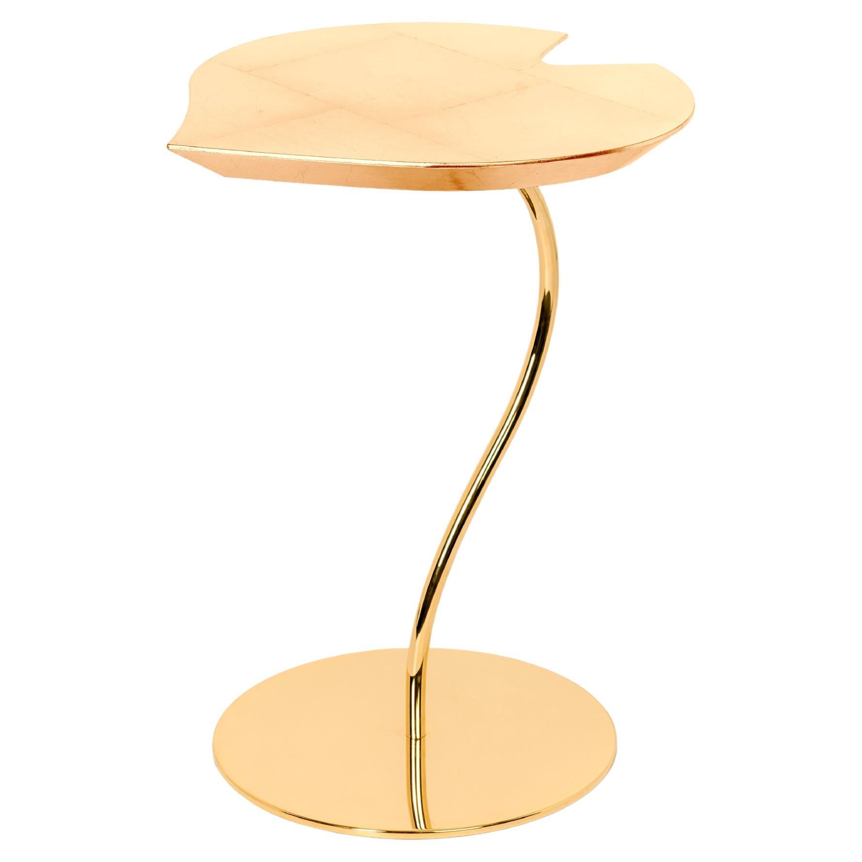 Small Table Leaf Wood, Golden Leaf Top, Metal Base 24KT Gold Finish, Italy For Sale